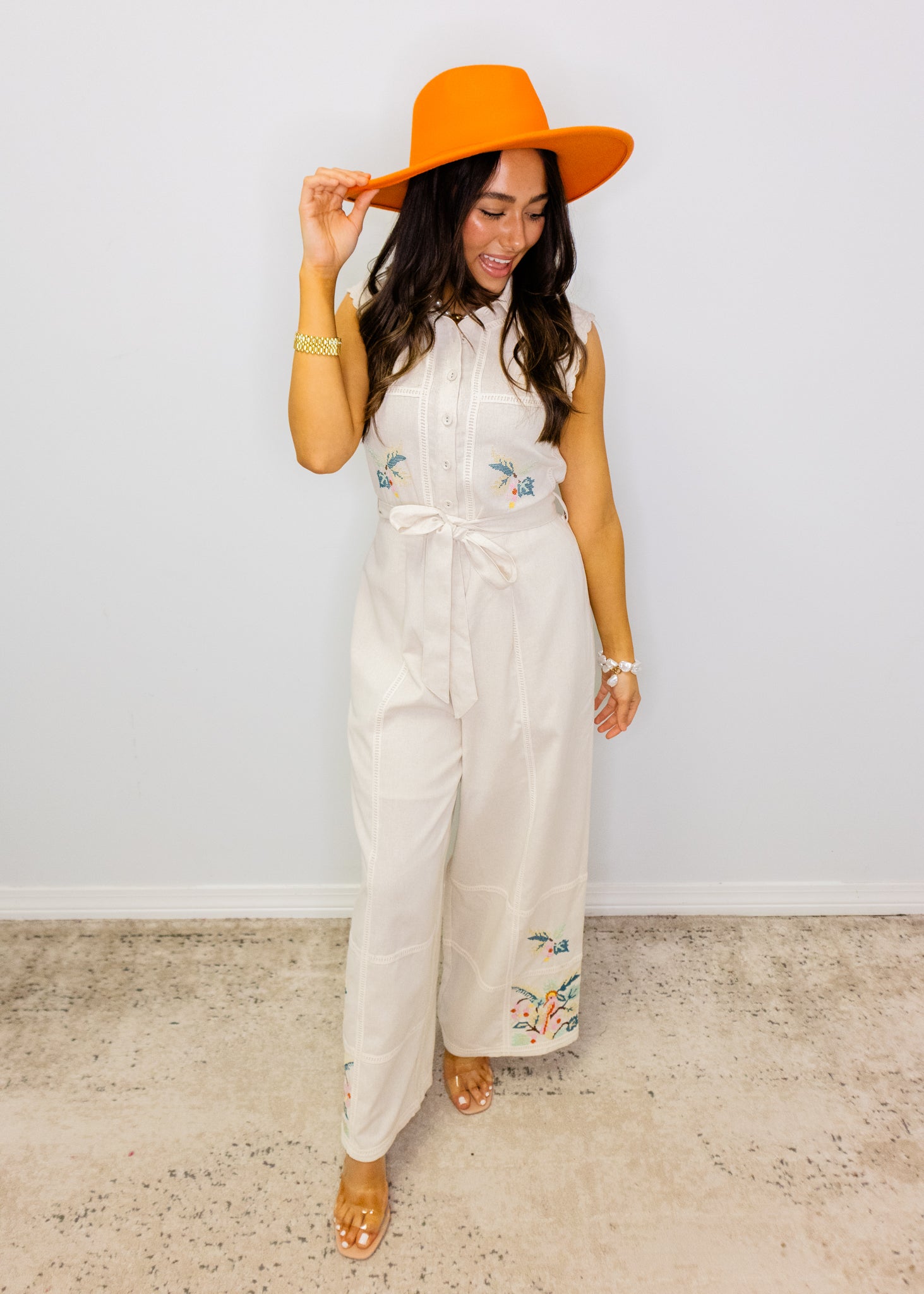Linen Floral Detail Jumpsuit
