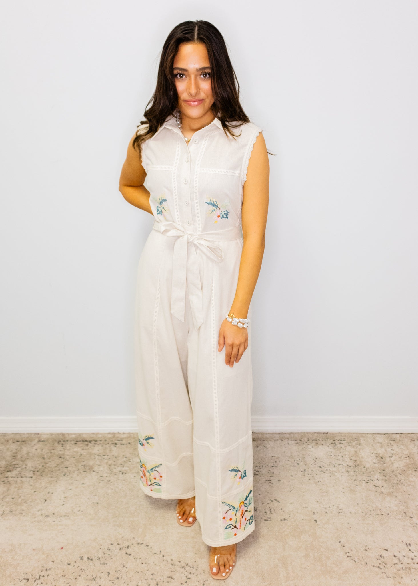 Linen Floral Detail Jumpsuit