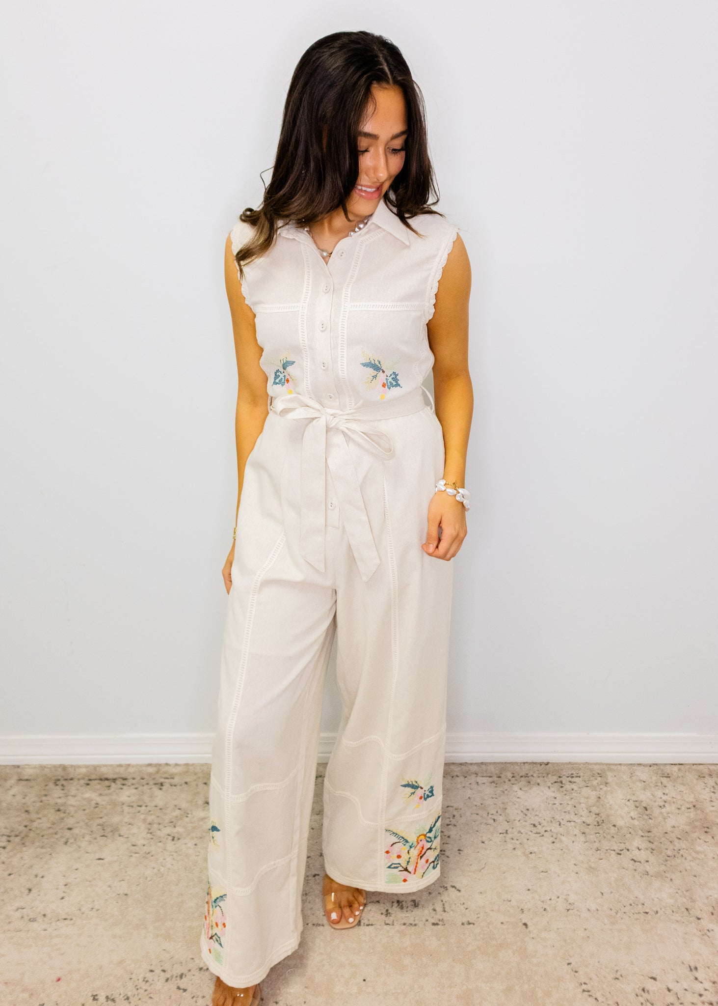 Linen Floral Detail Jumpsuit