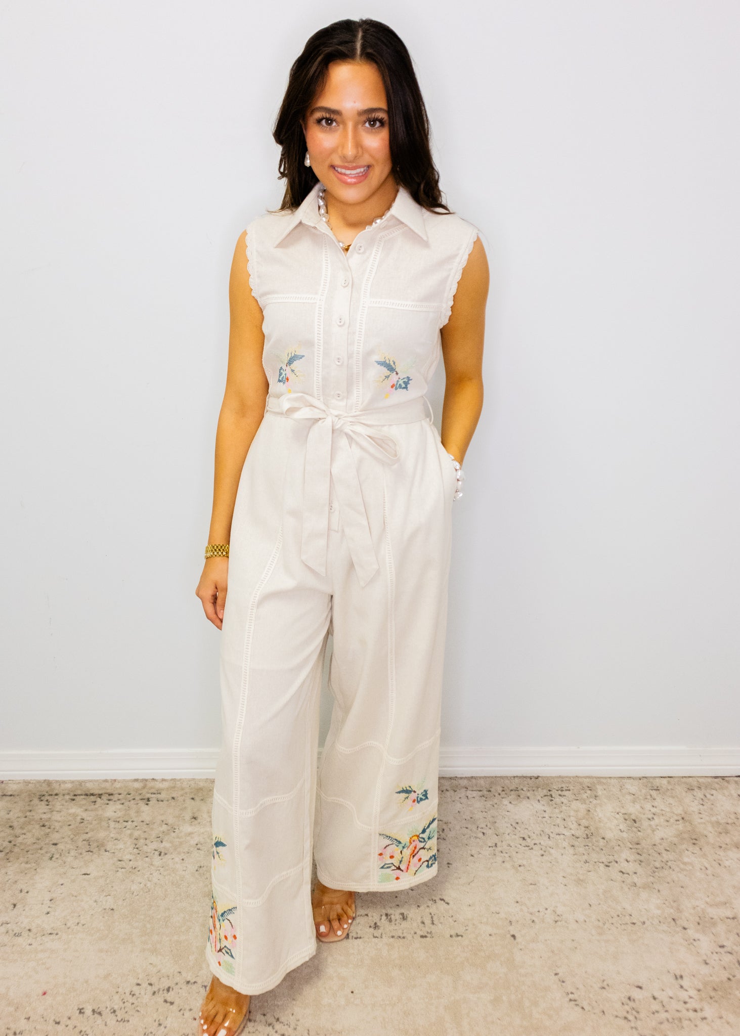 Linen Floral Detail Jumpsuit