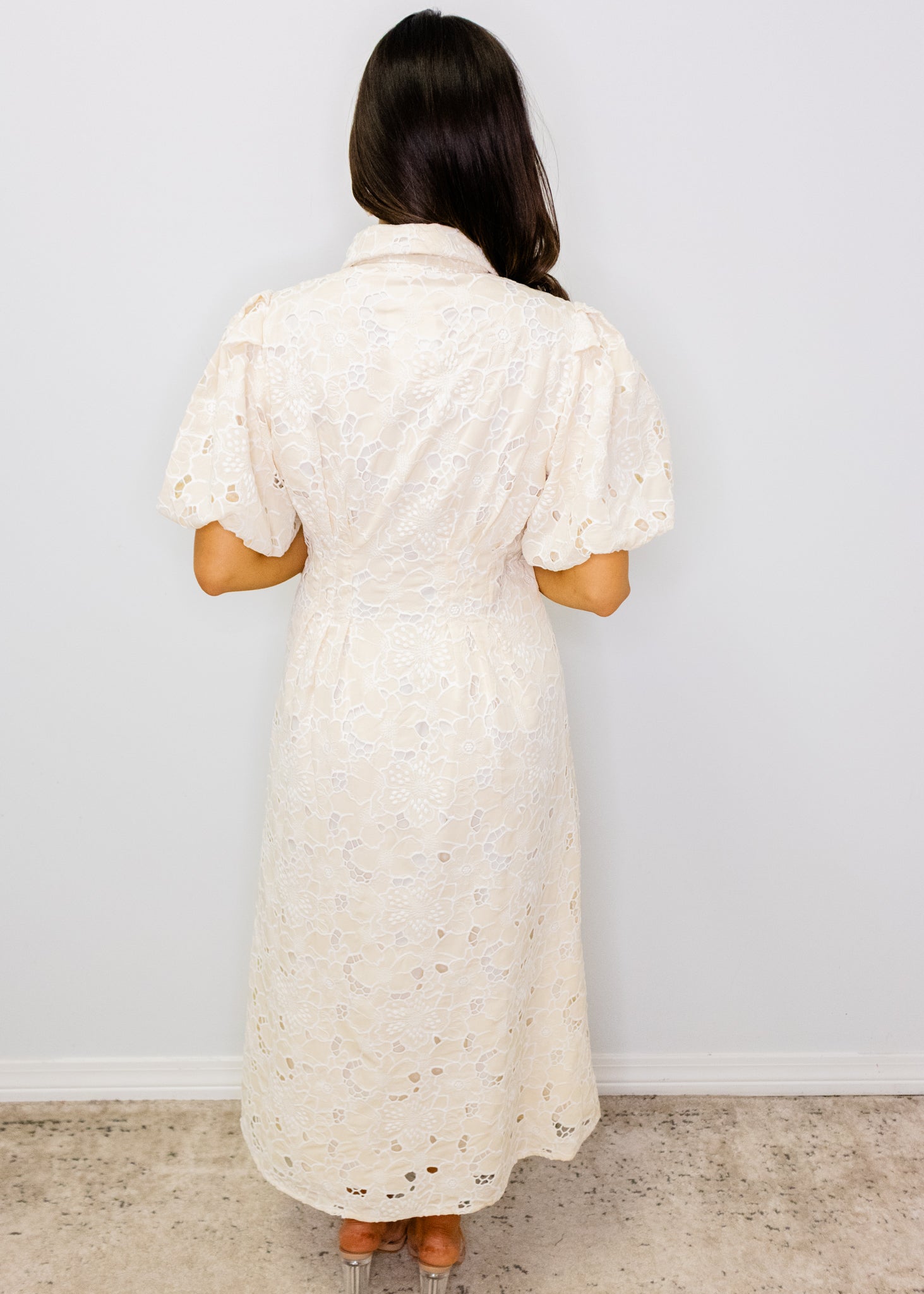 Beige Placket Detail Eyelet Lace Dress