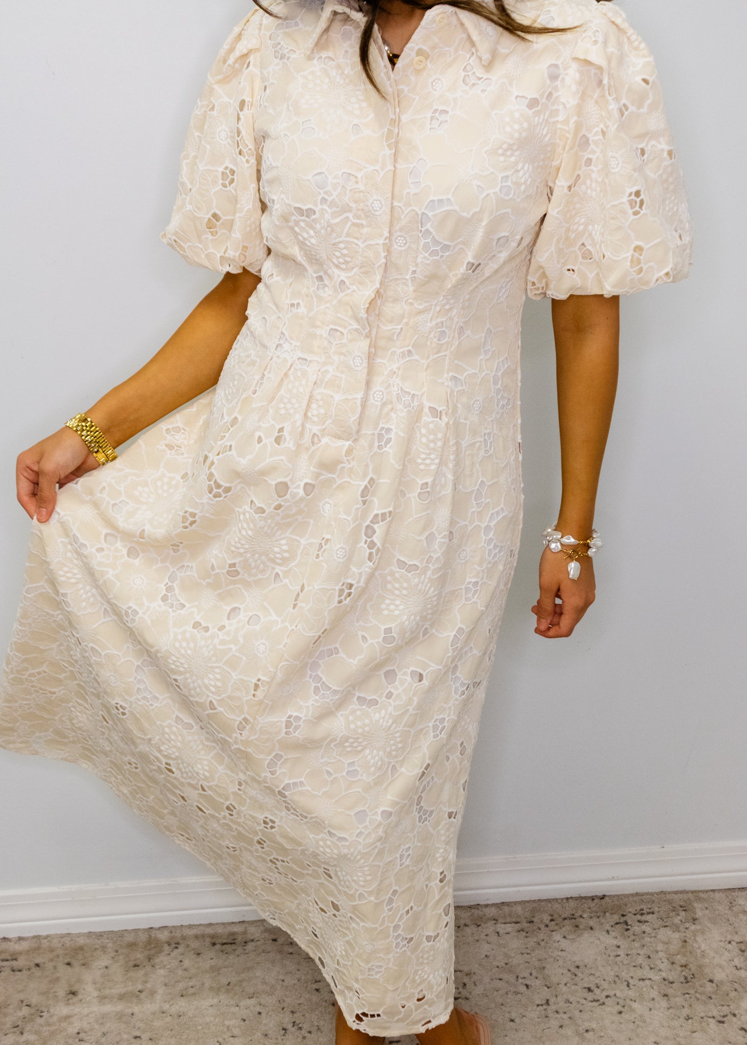 Beige Placket Detail Eyelet Lace Dress