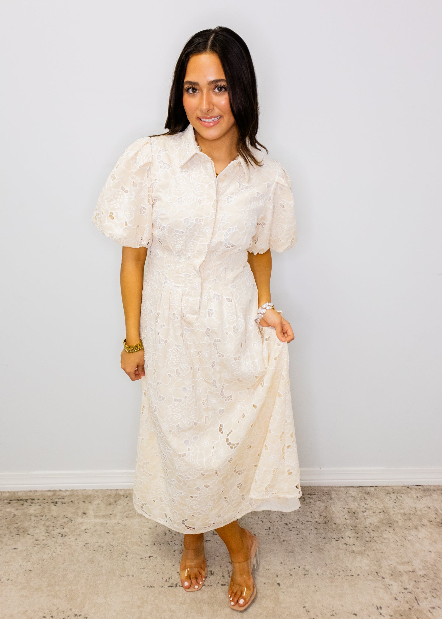 Beige Placket Detail Eyelet Lace Dress