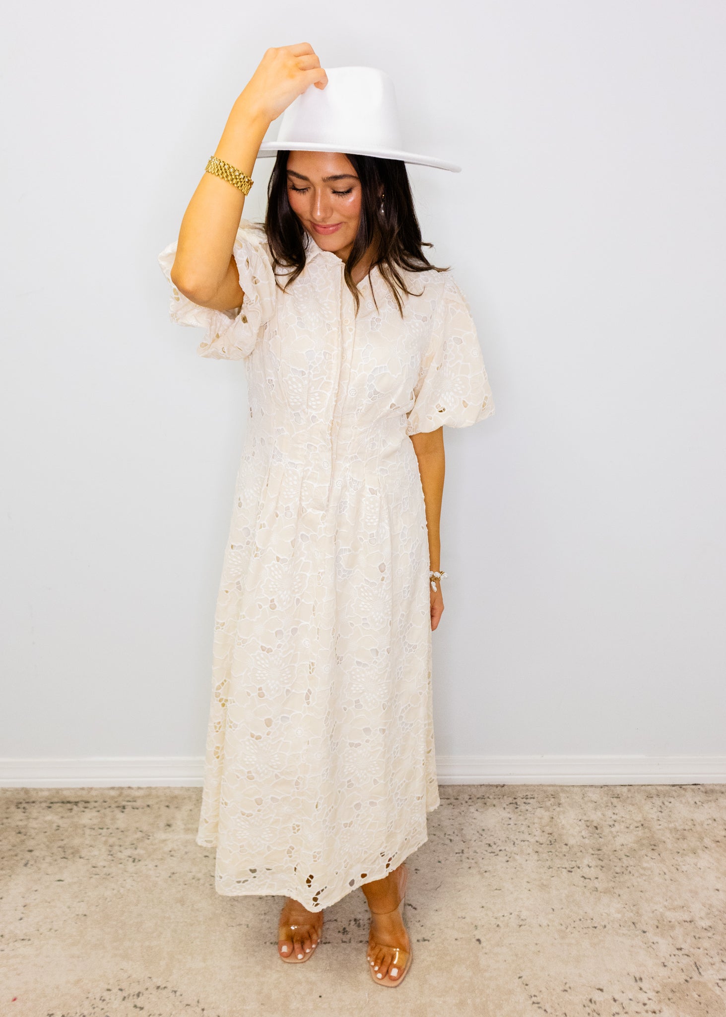 Beige Placket Detail Eyelet Lace Dress