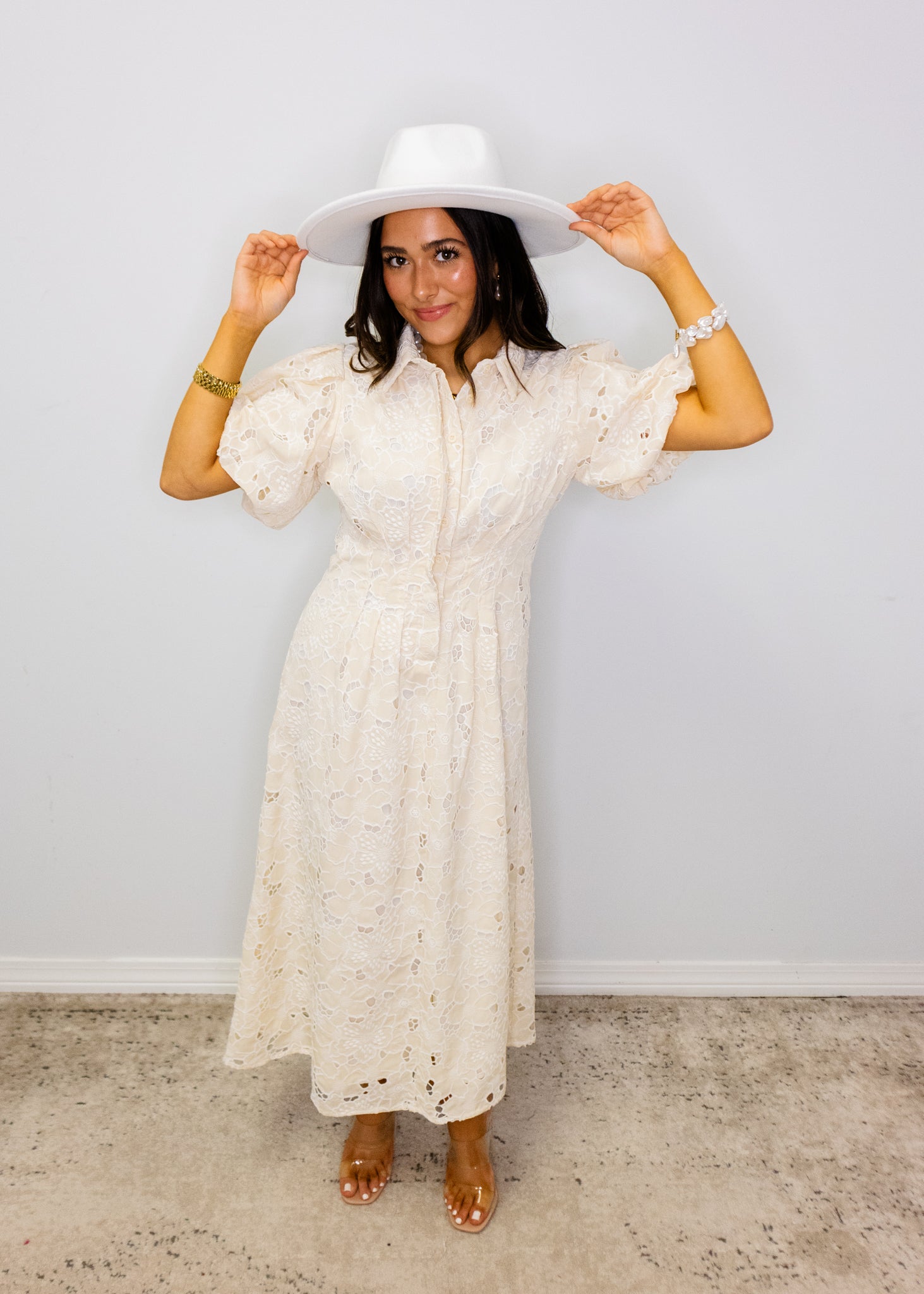 Beige Placket Detail Eyelet Lace Dress