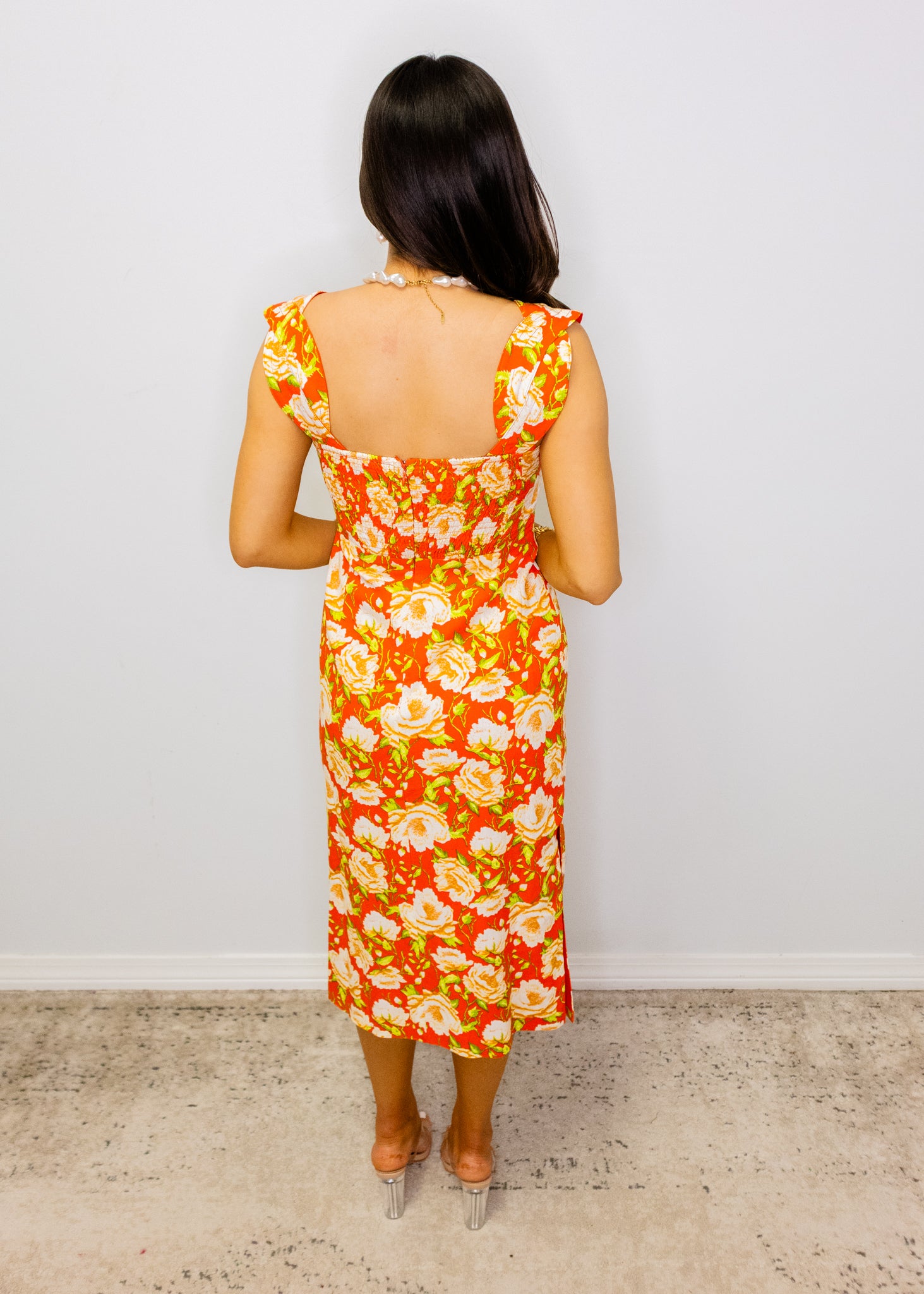 Coral Floral Cross Over Stitch Midi Dress