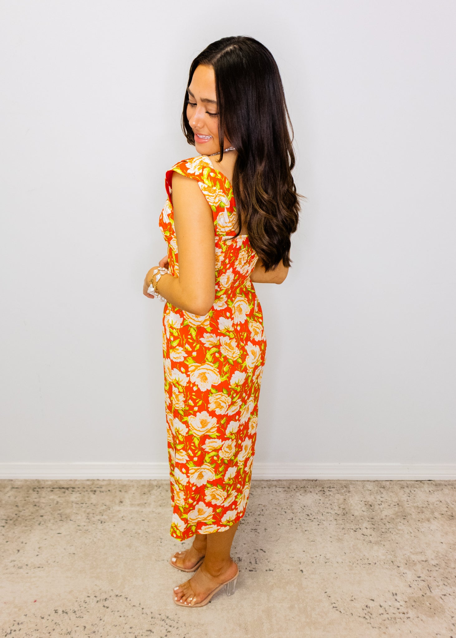 Coral Floral Cross Over Stitch Midi Dress