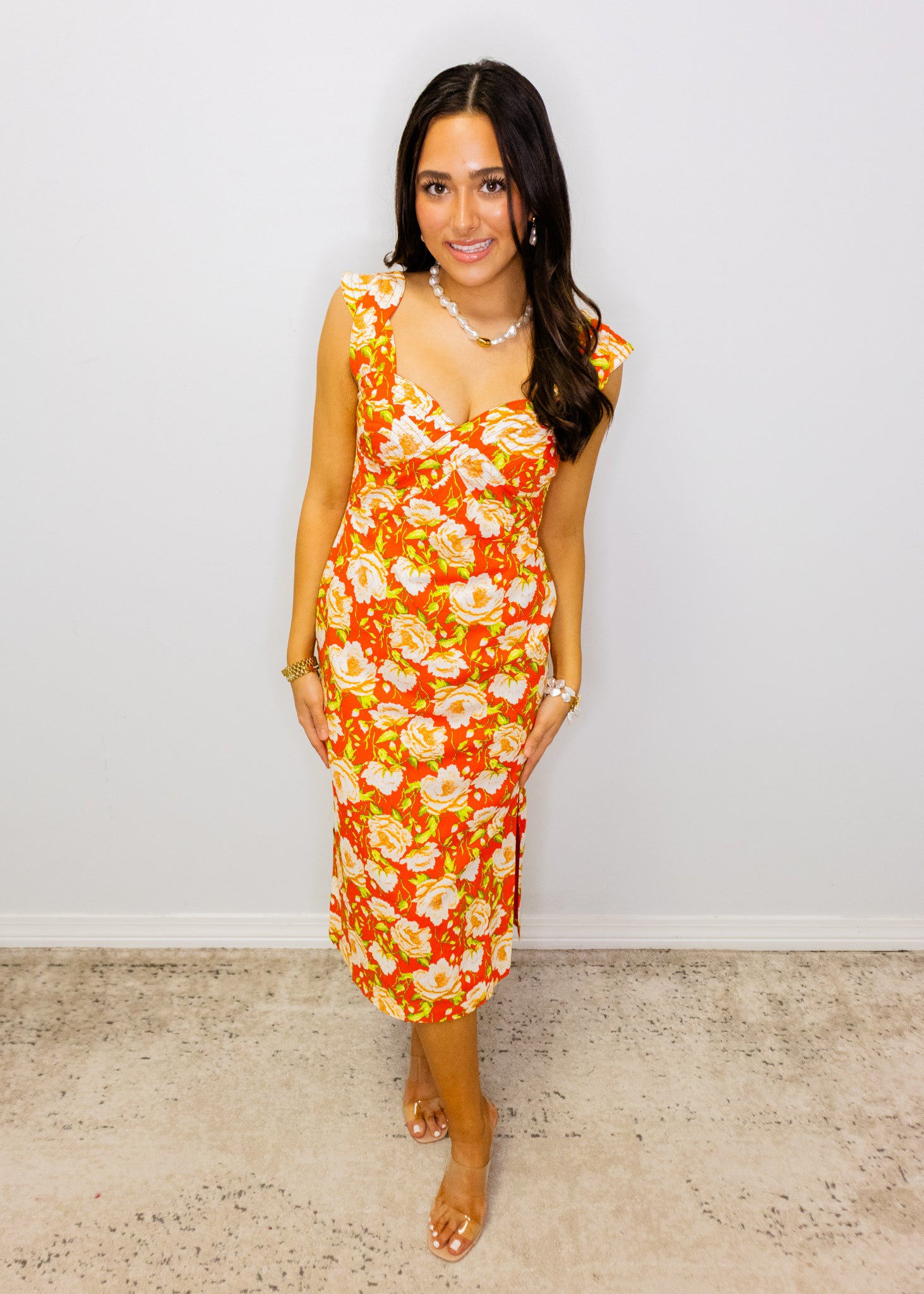 Coral Floral Cross Over Stitch Midi Dress