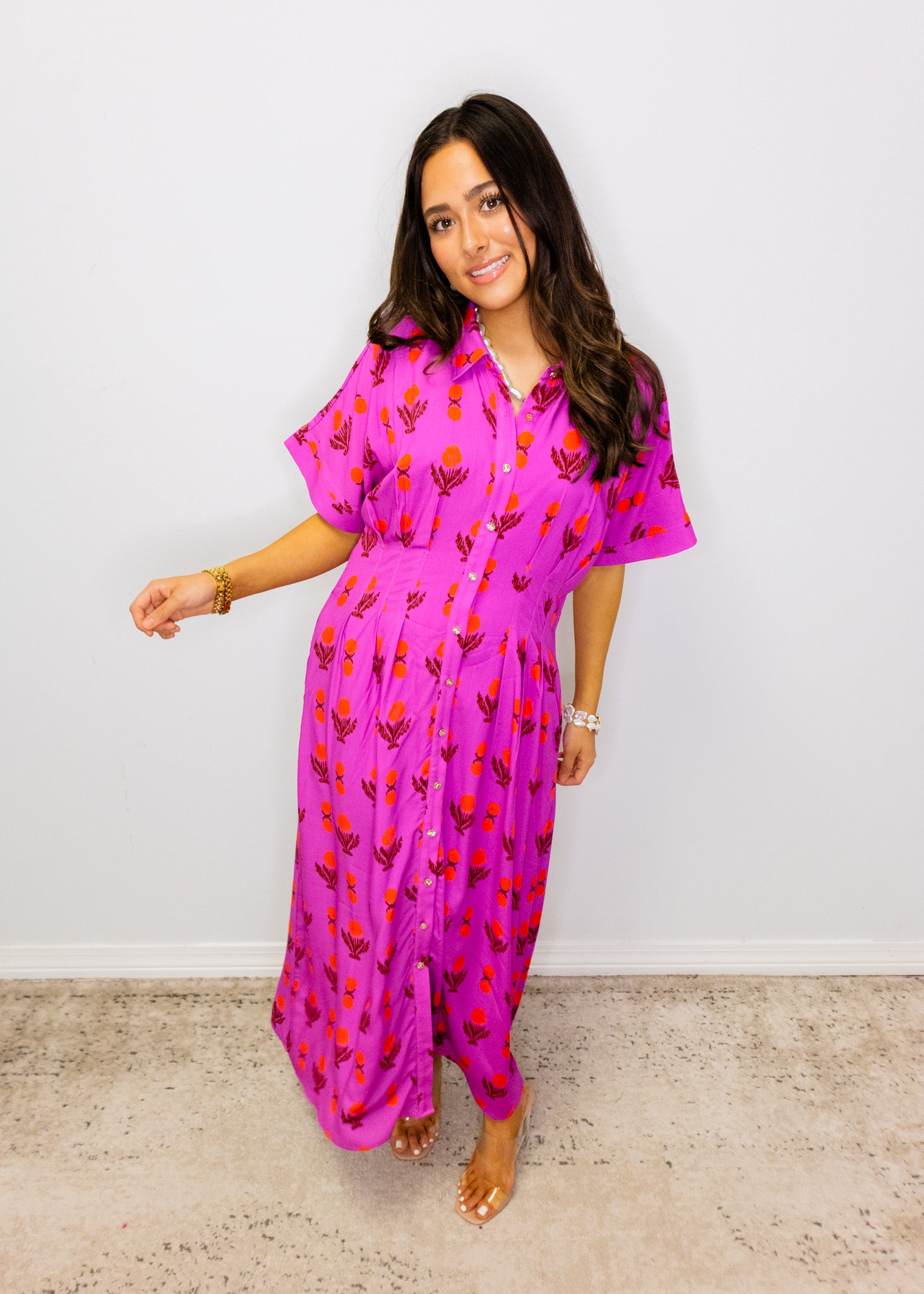 Magenta Pleat FLoral Midi Dress