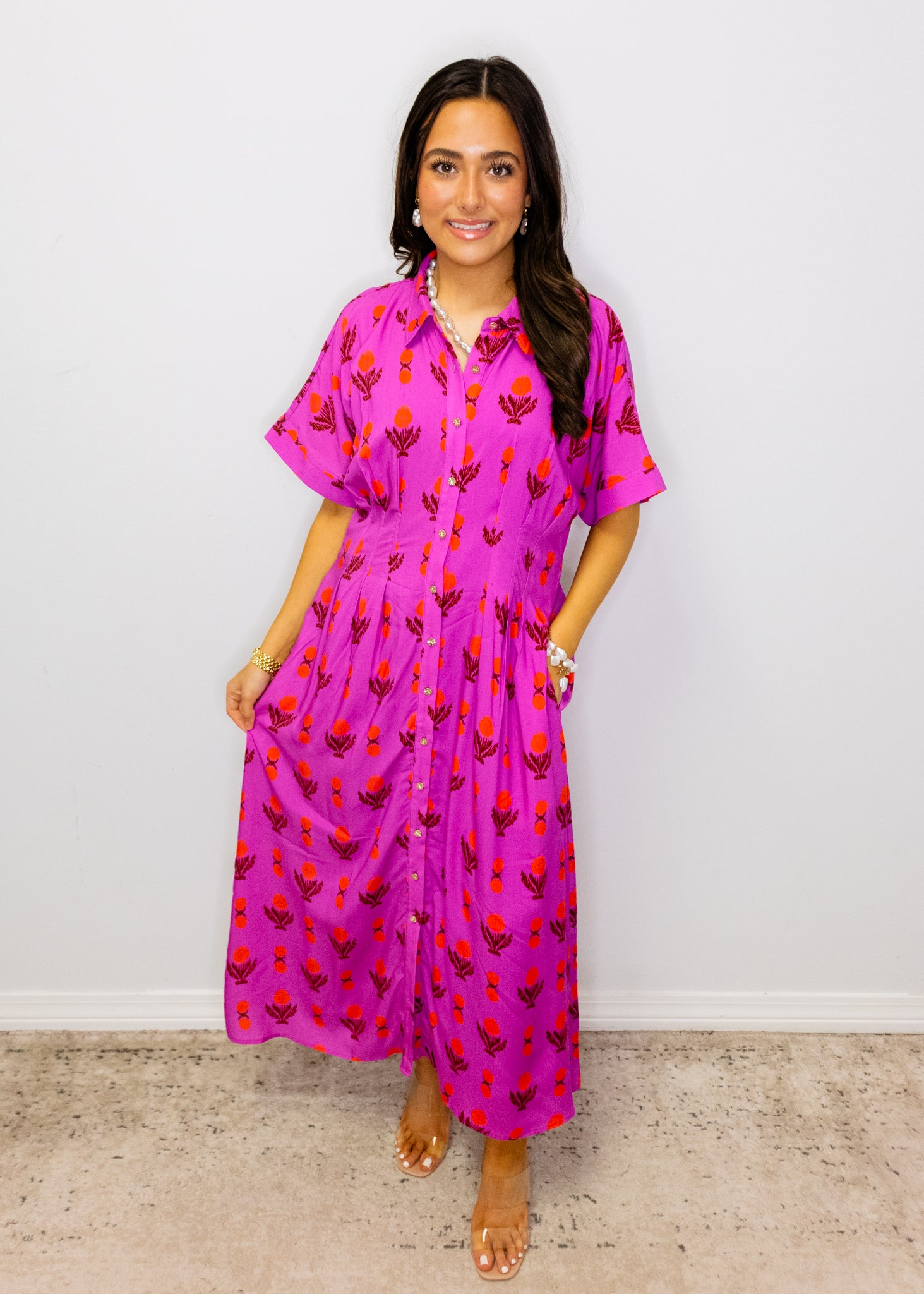 Magenta Pleat FLoral Midi Dress