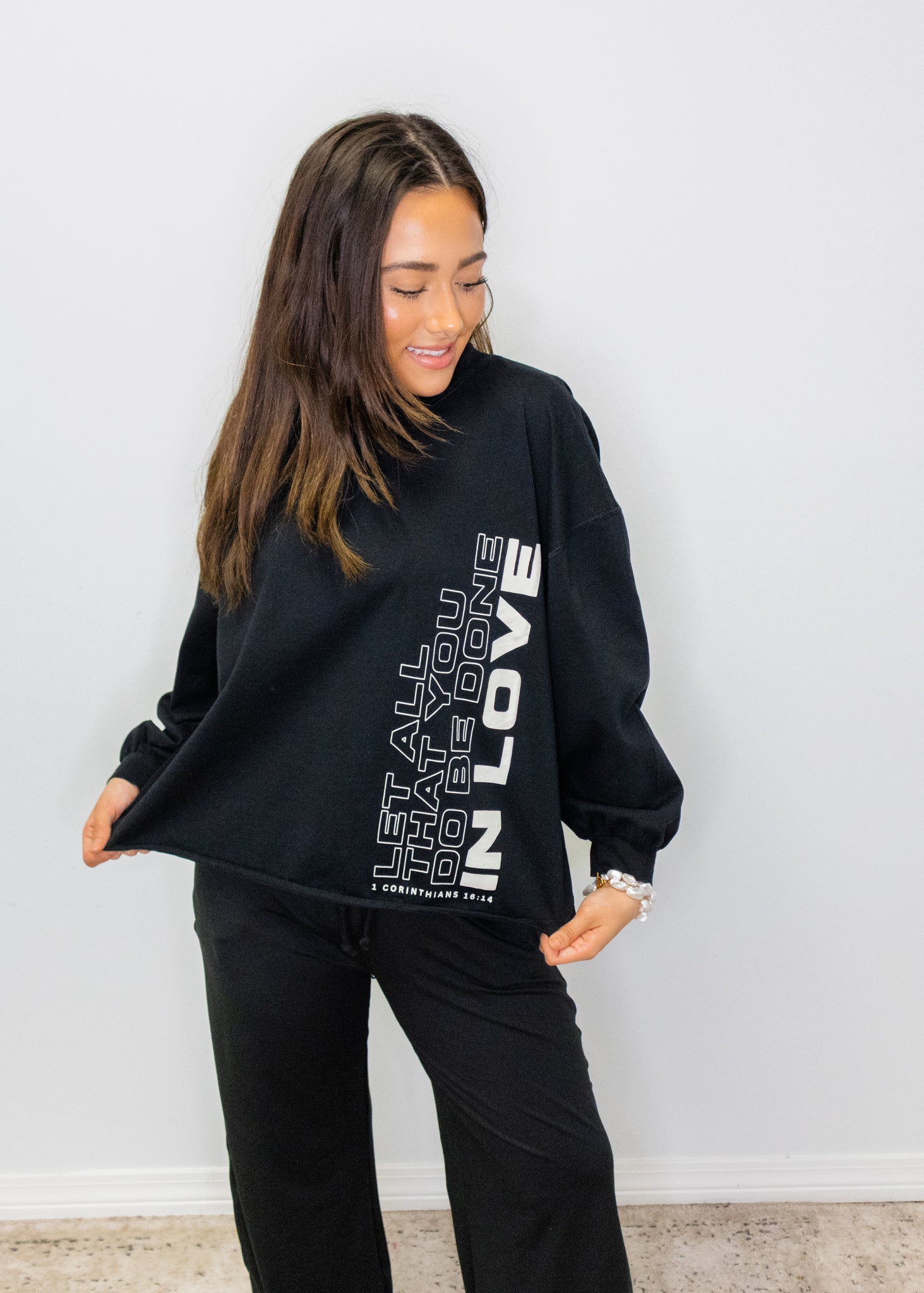 Done in Love Scripture Black Long Sleeve Top