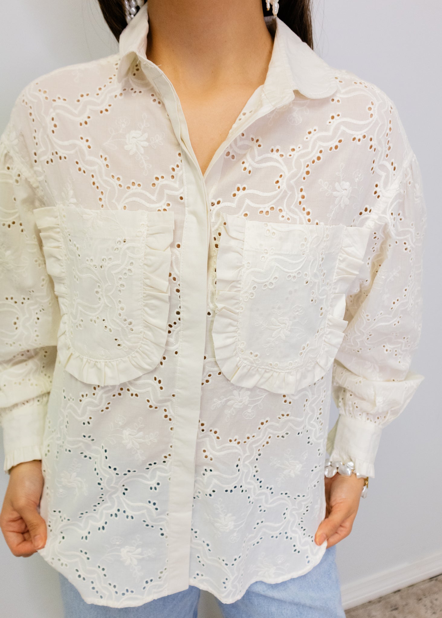 White Eyelet Ruffle Pocket Blouse
