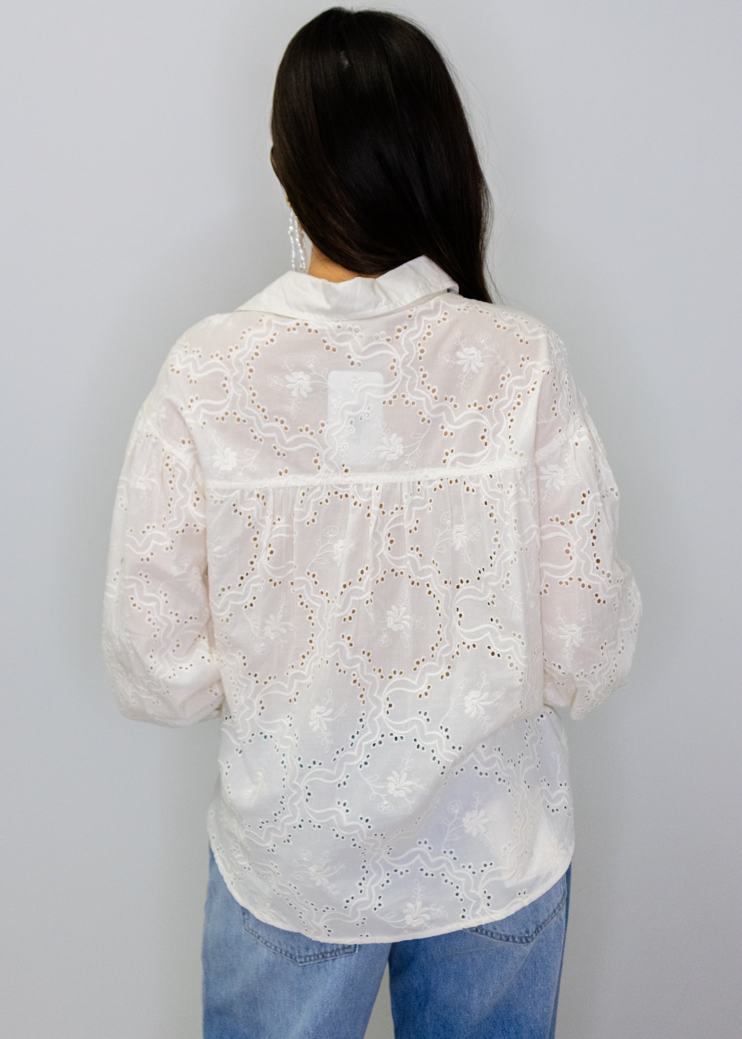 White Eyelet Ruffle Pocket Blouse