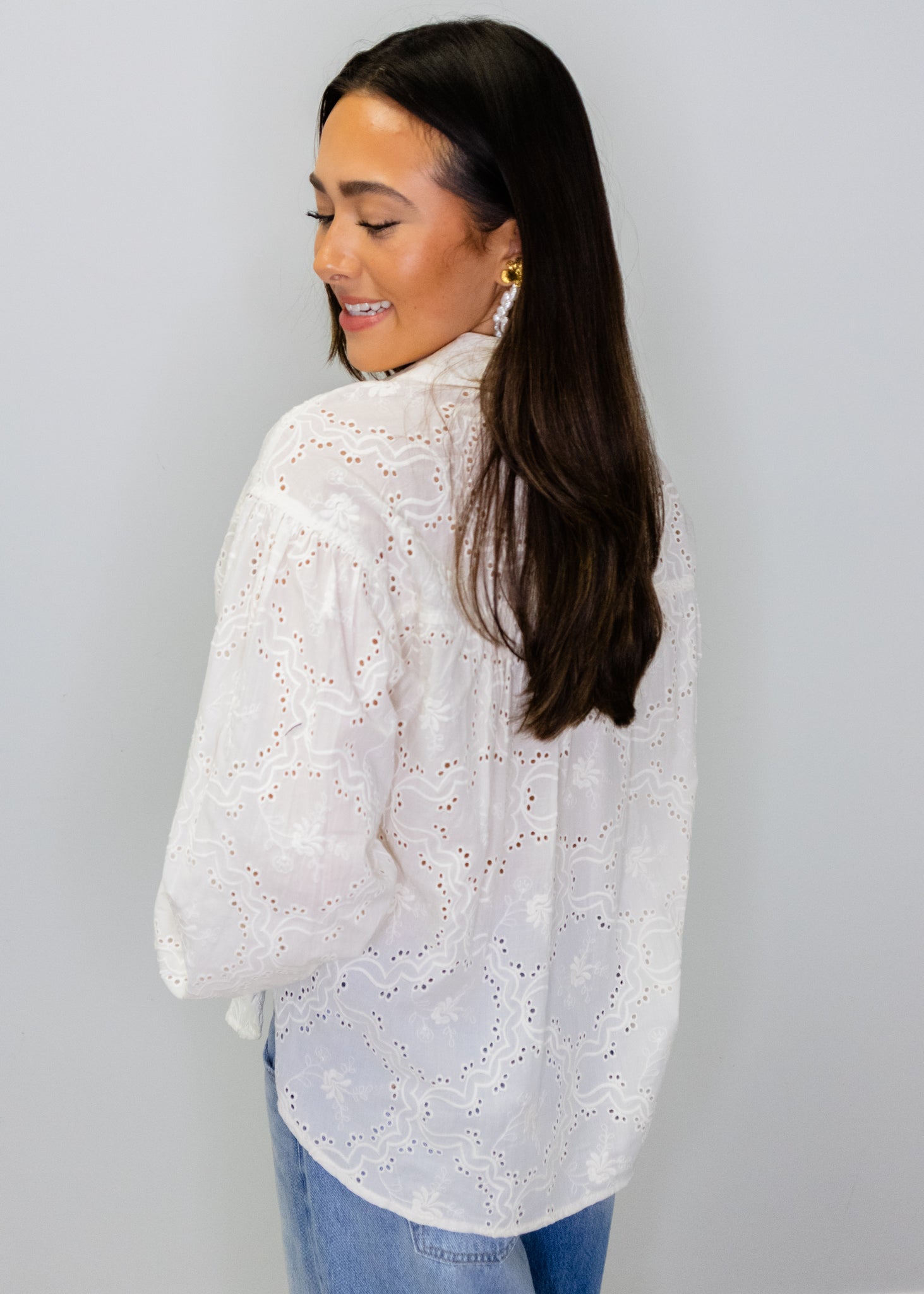 White Eyelet Ruffle Pocket Blouse