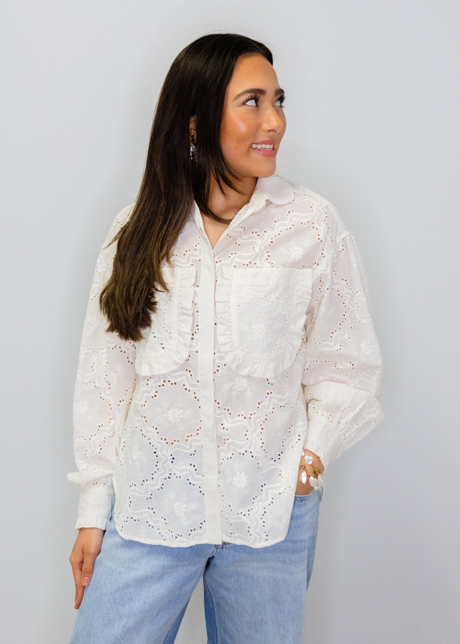 White Eyelet Ruffle Pocket Blouse