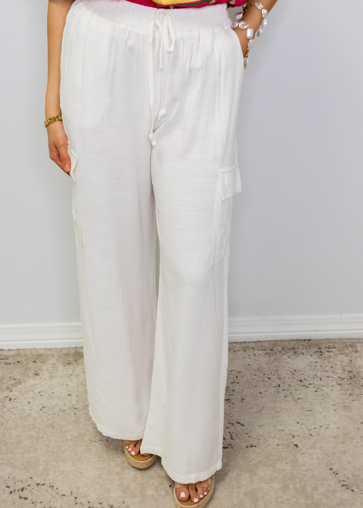 White Linen Cargo Pants