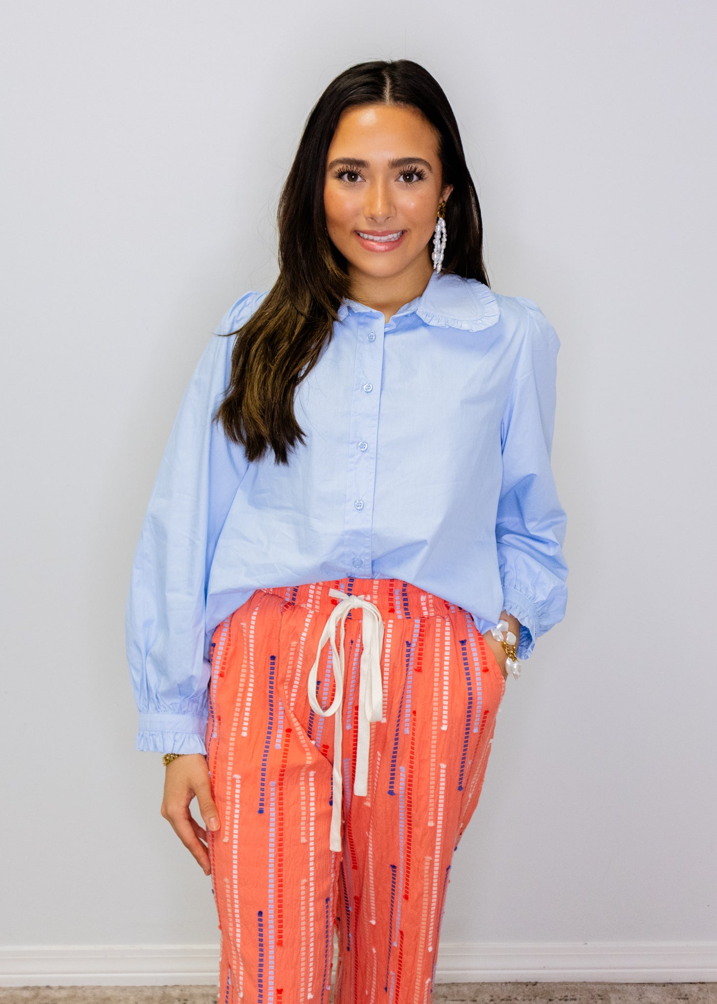 Blue Ruffle Detail Button Top