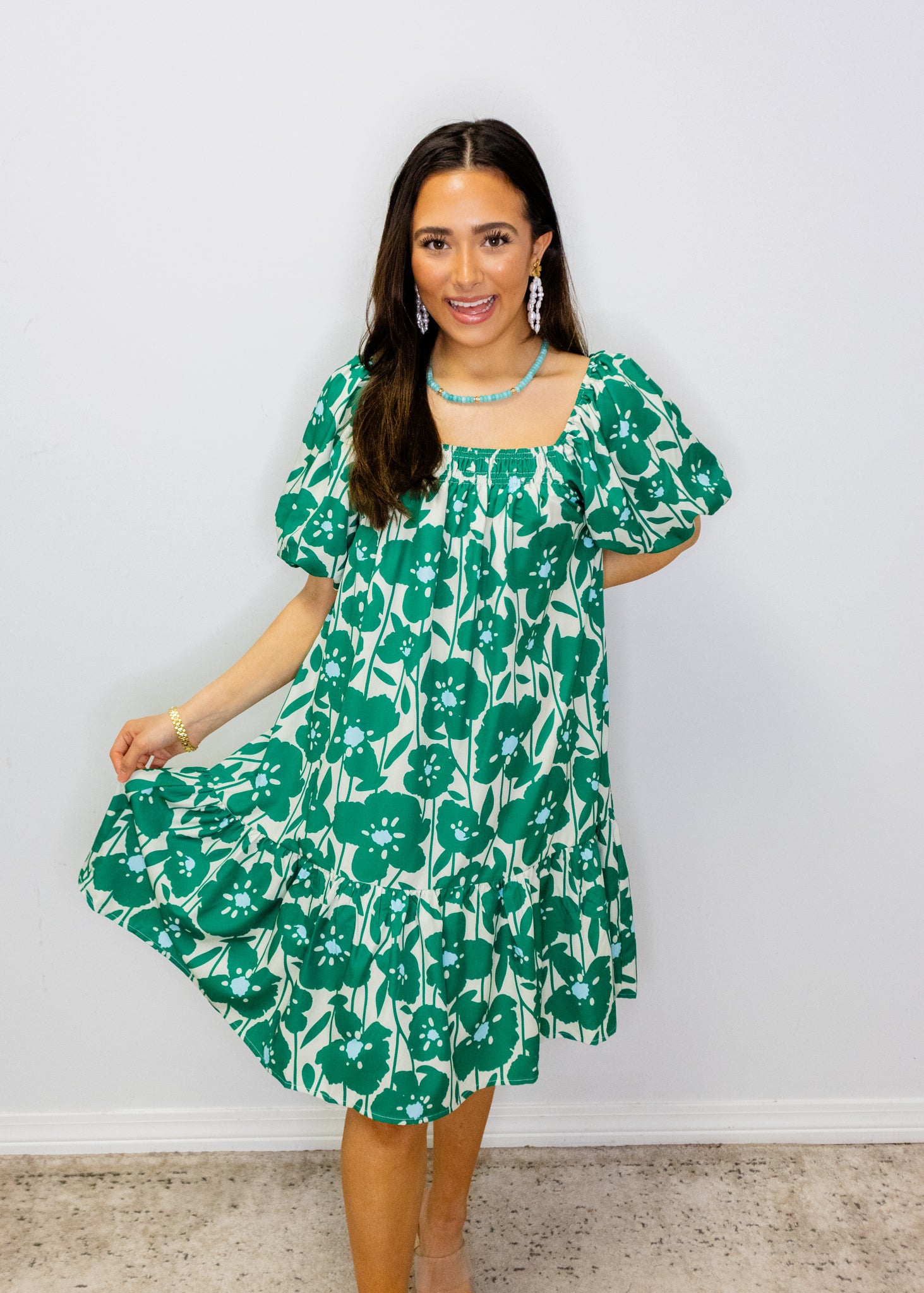 Green Floral Print Bubble Sleeve Dress