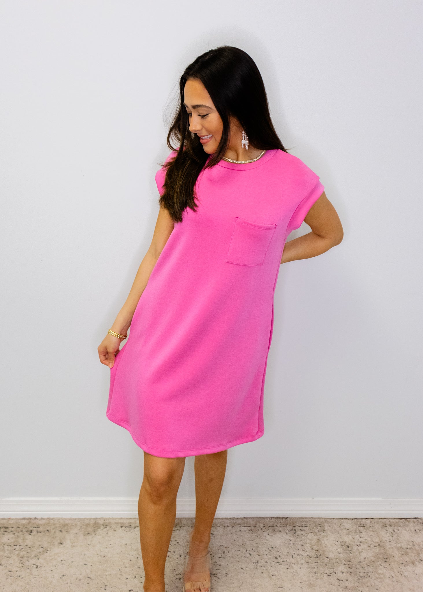 Pink Cap Sleeve Pocket Dress