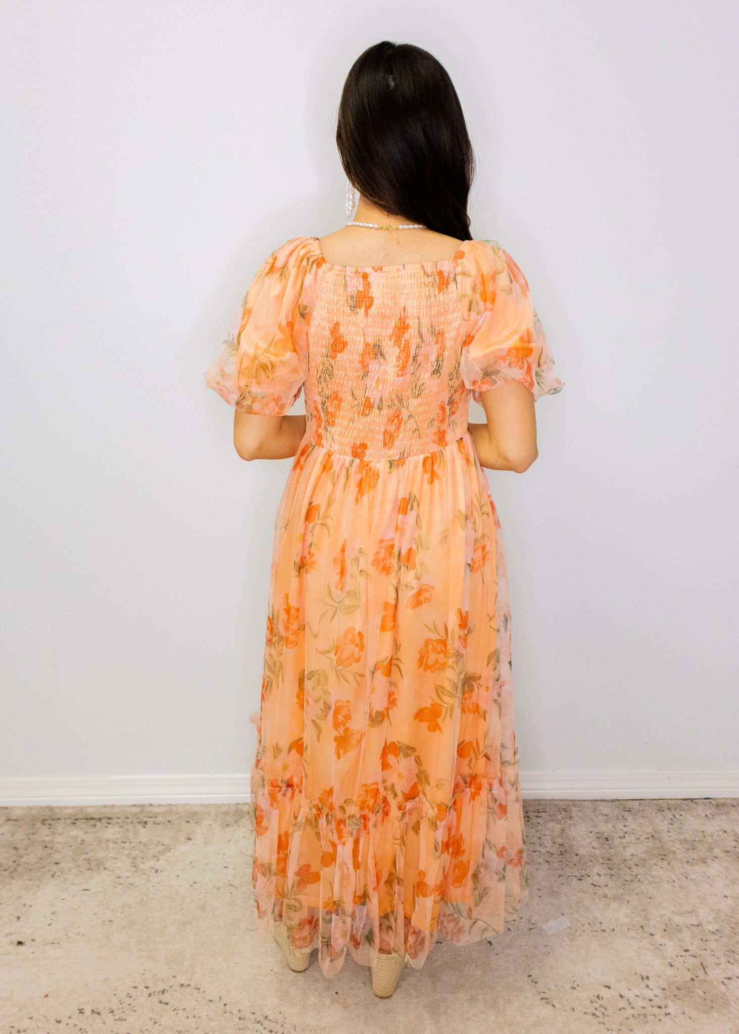 Coral Floral Mesh Maxi Dress