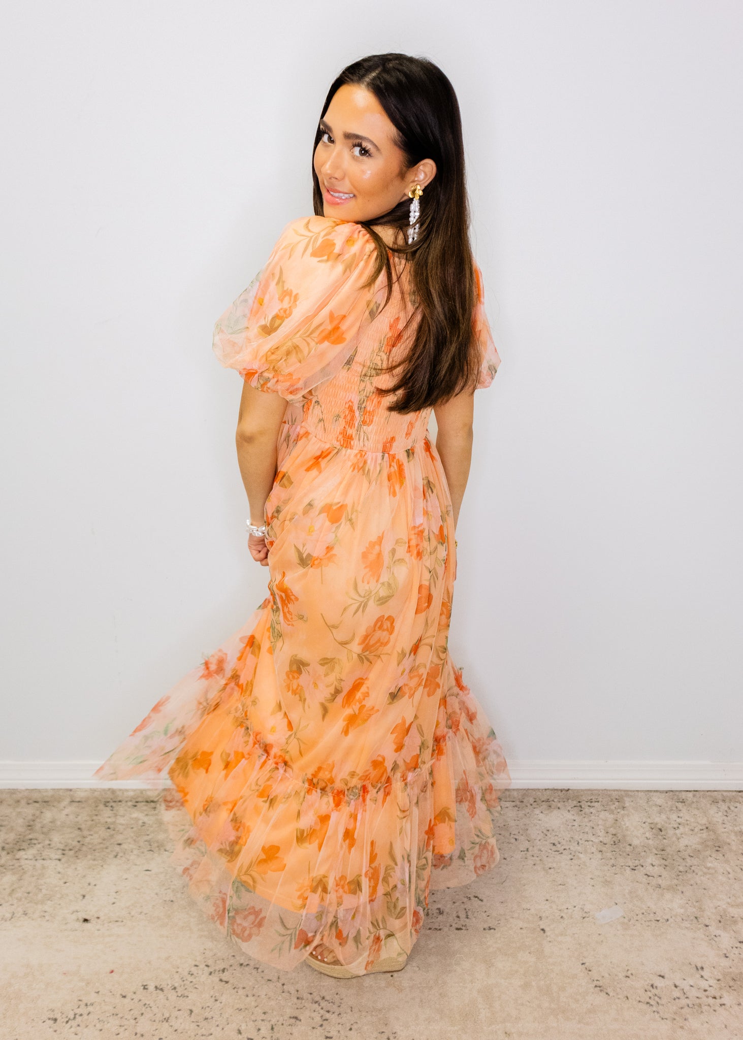 Coral Floral Mesh Maxi Dress