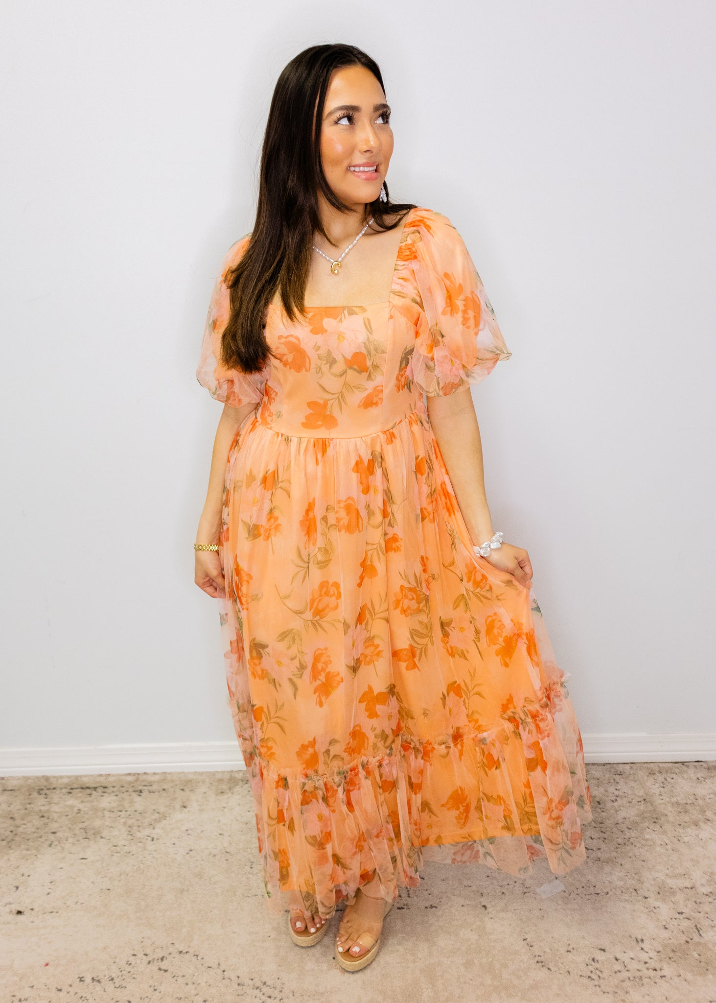 Coral Floral Mesh Maxi Dress