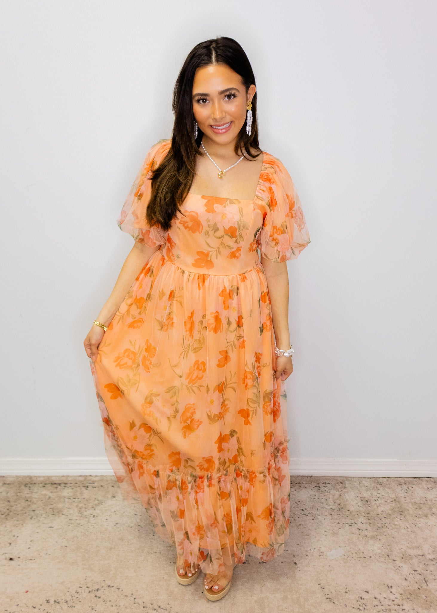 Coral Floral Mesh Maxi Dress