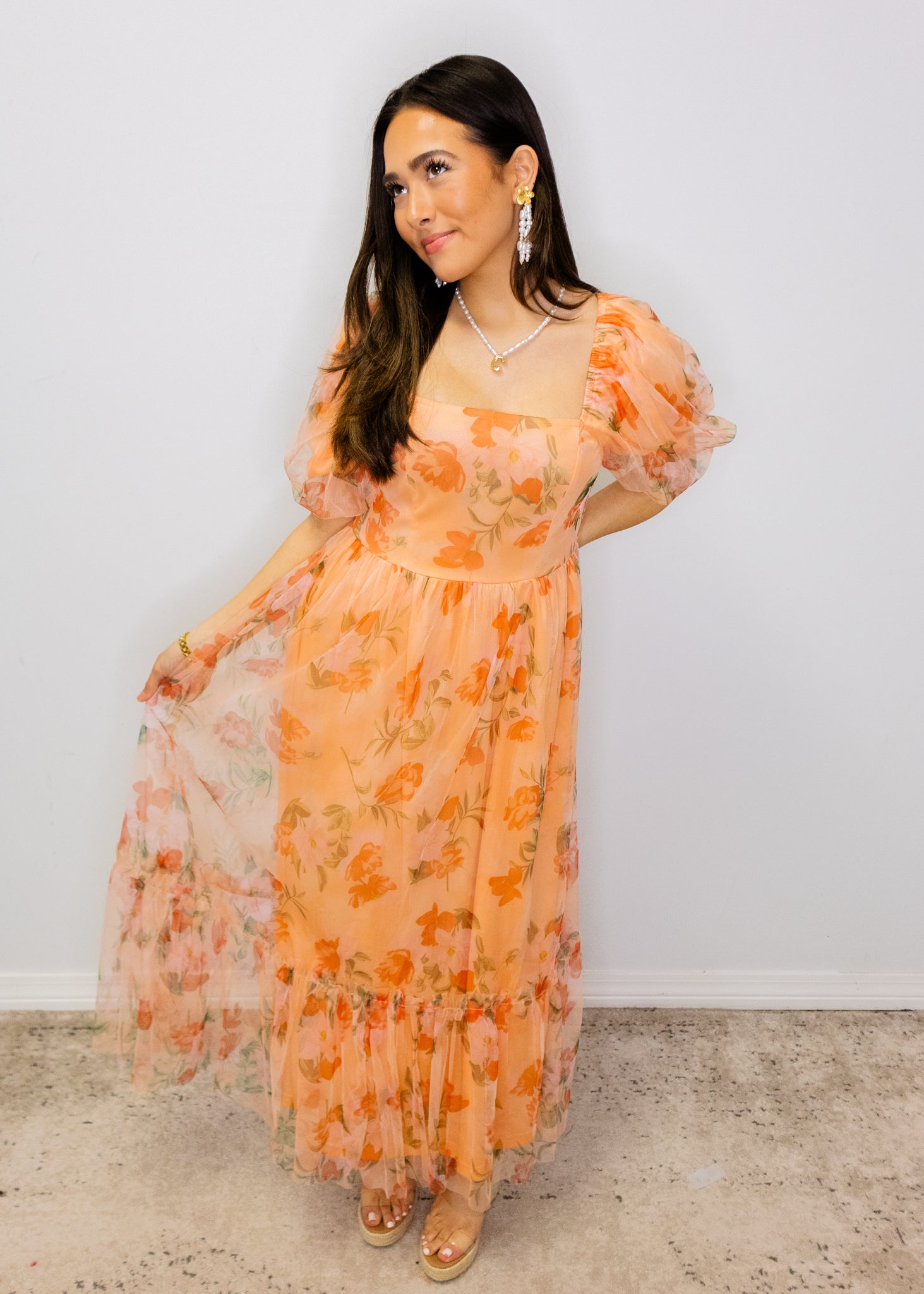 Coral Floral Mesh Maxi Dress