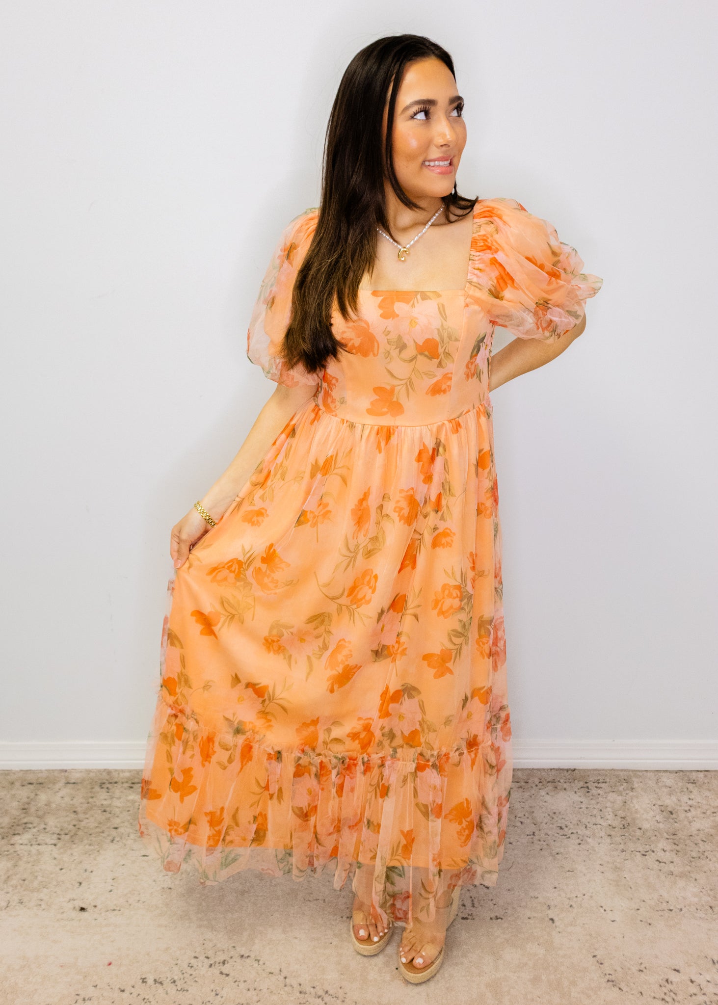 Coral Floral Mesh Maxi Dress