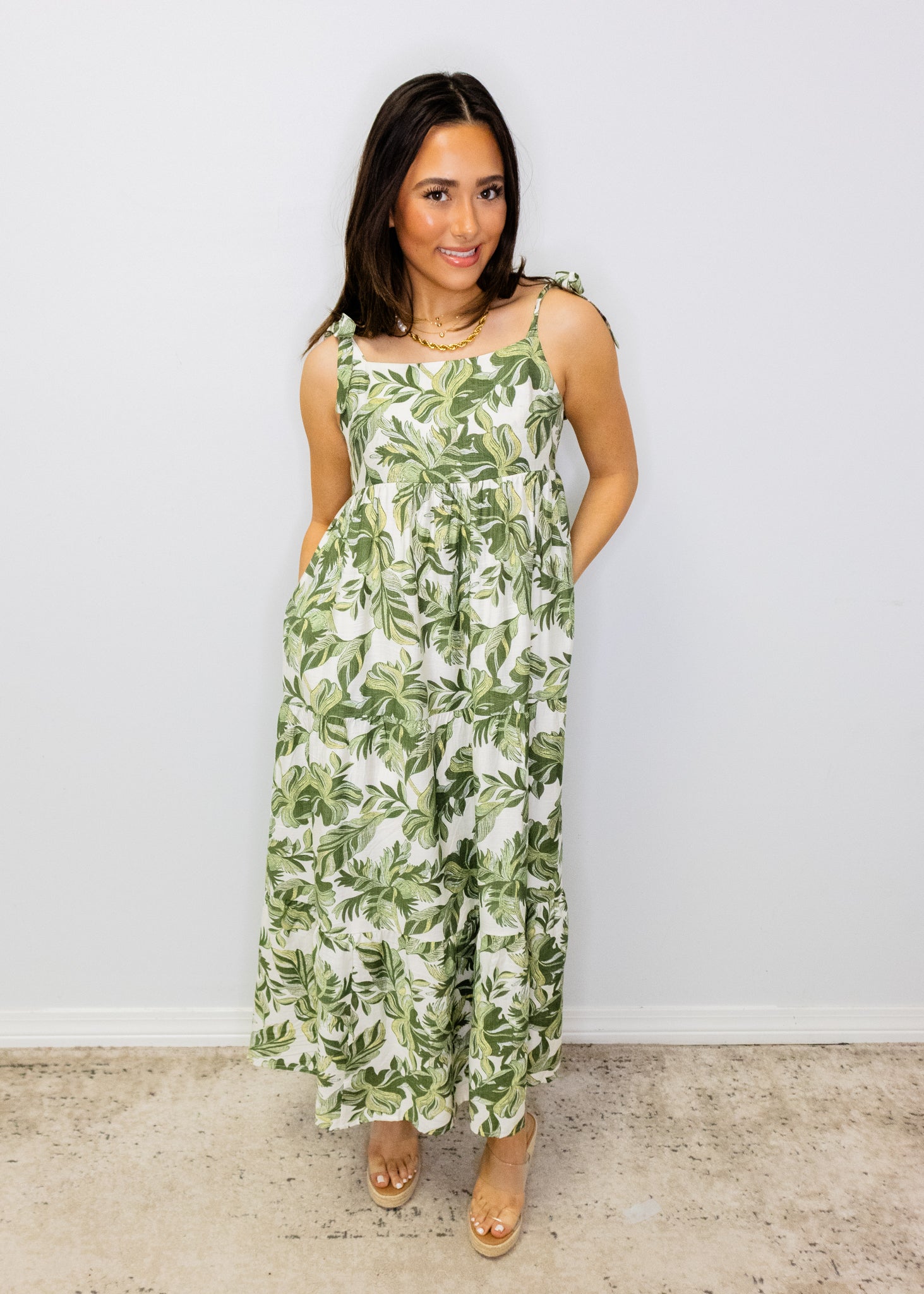 Green Multi Leaf Print Maxi Dress