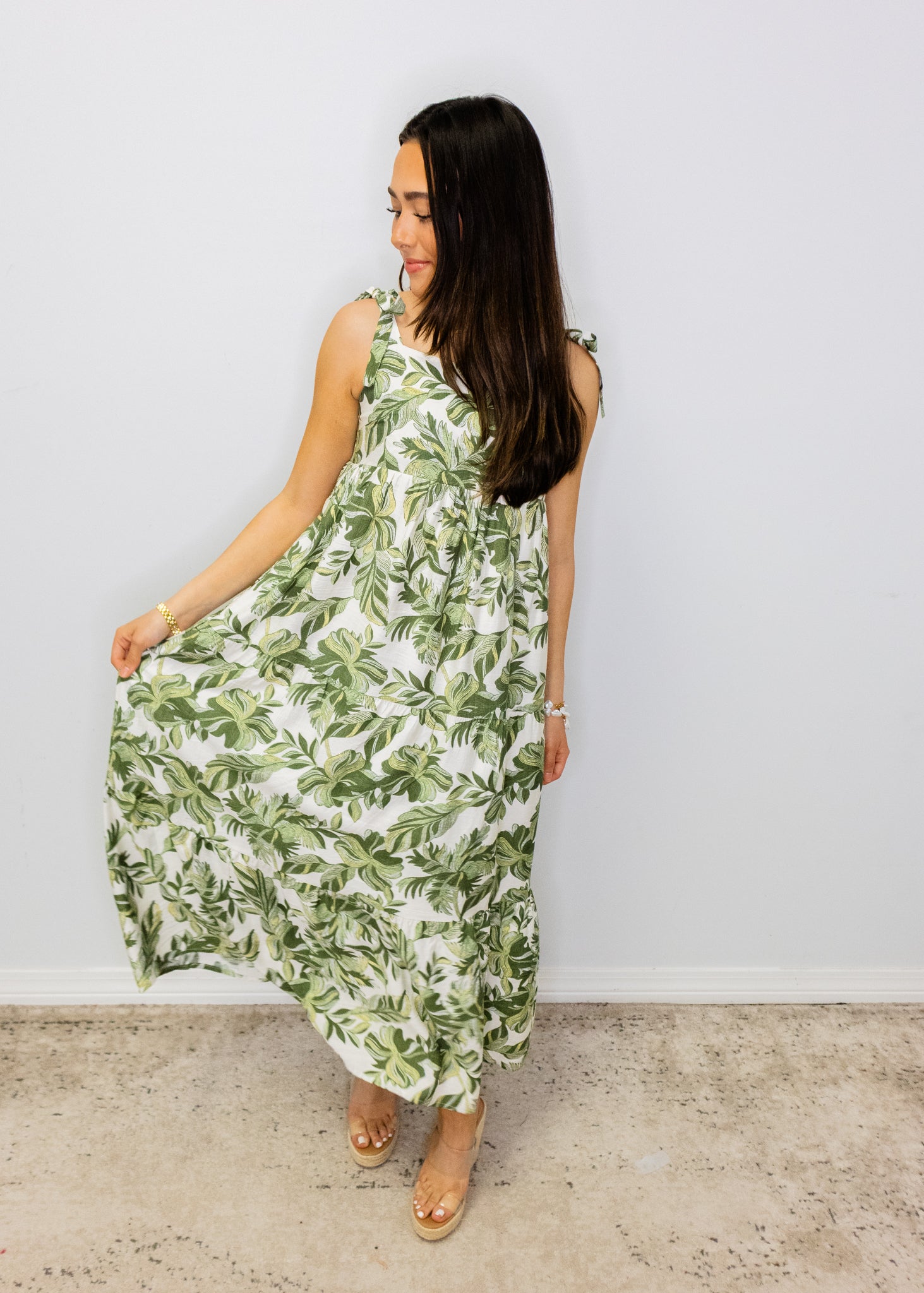 Green Multi Leaf Print Maxi Dress