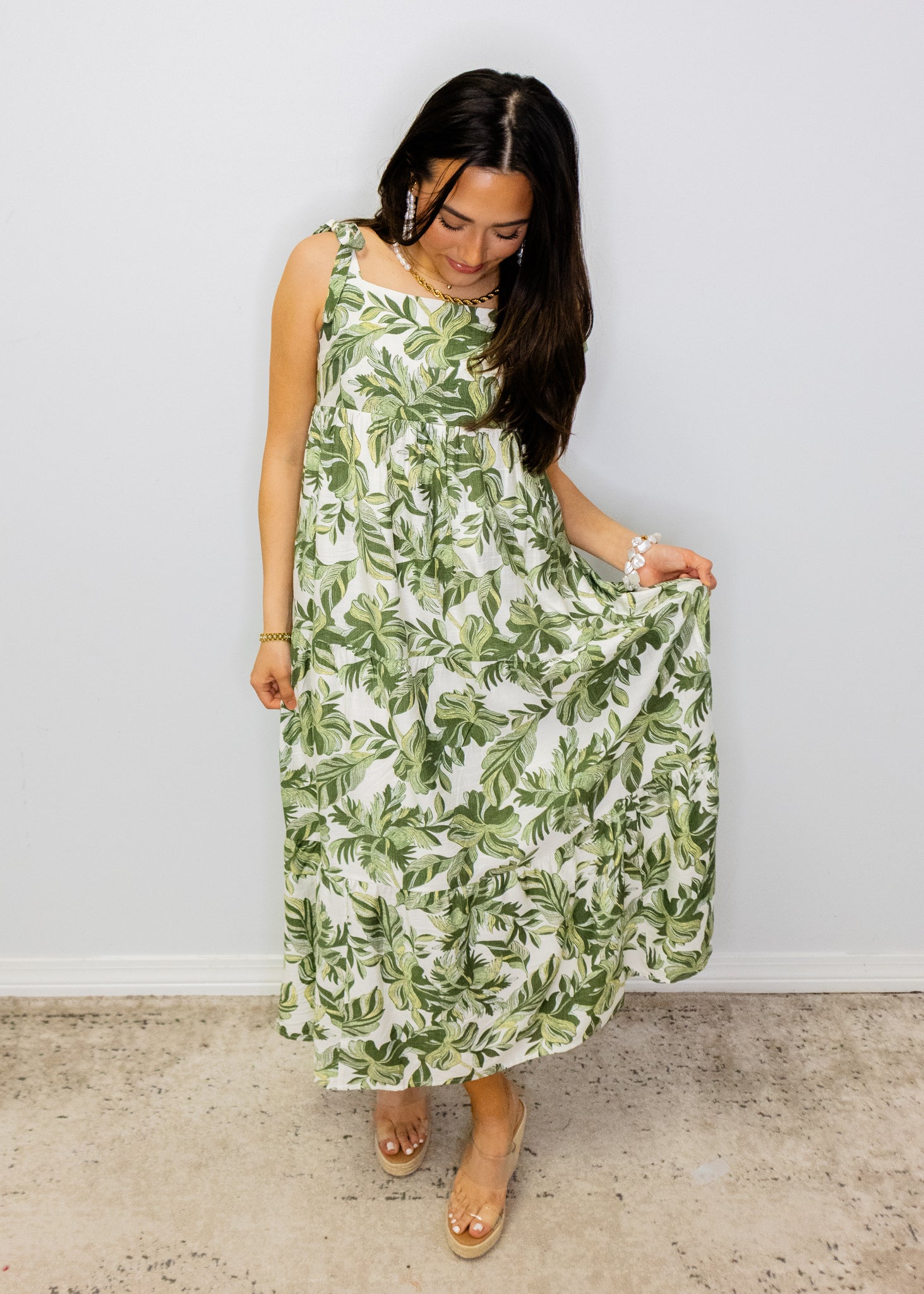 Green Multi Leaf Print Maxi Dress