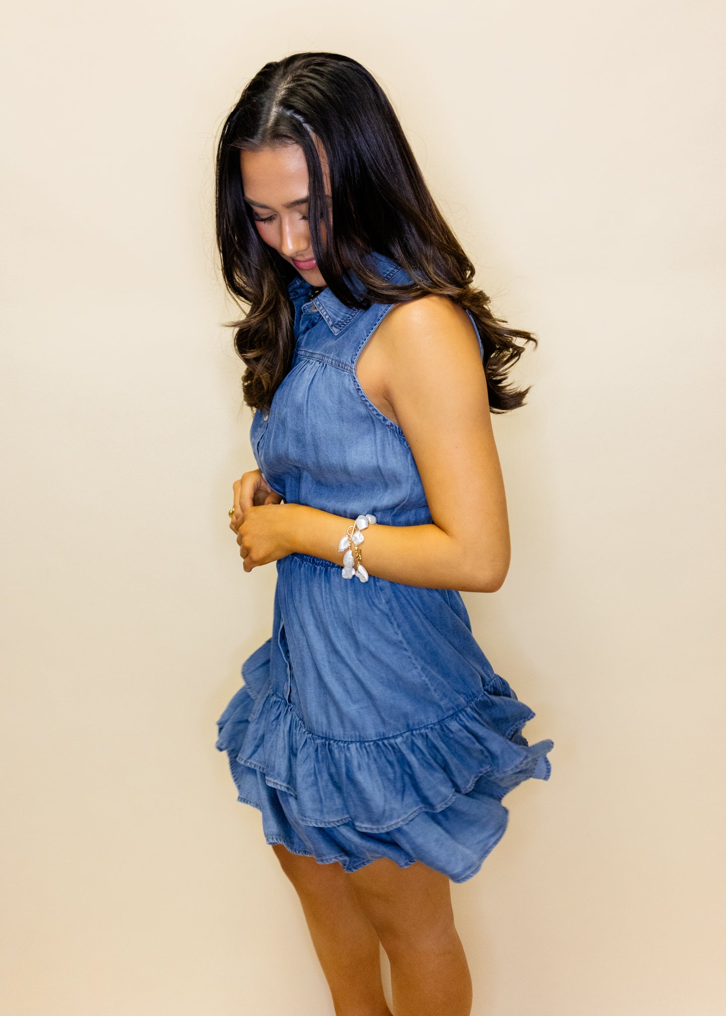 Denim Smocked Waist Ruffle Dress