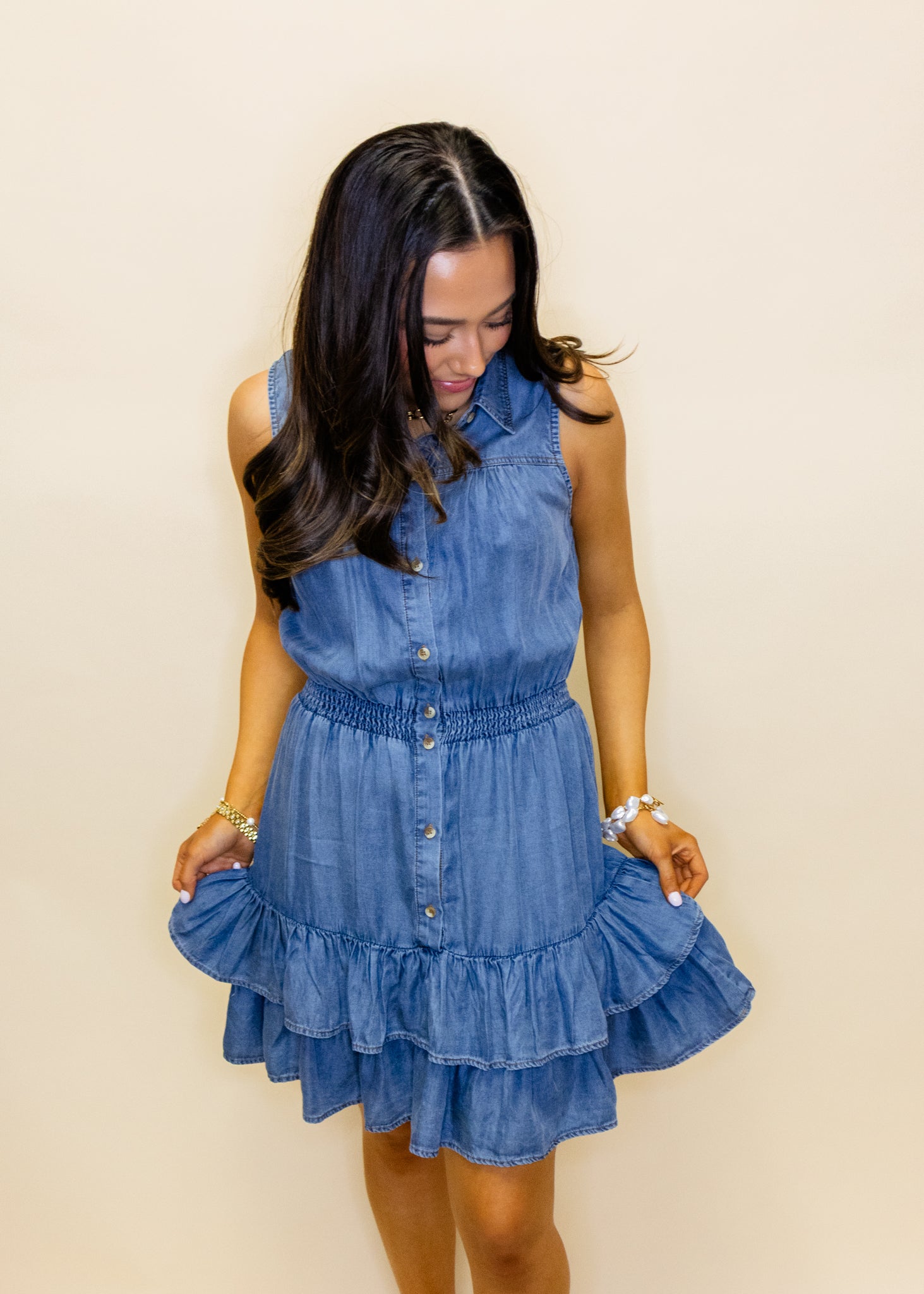 Denim Smocked Waist Ruffle Dress