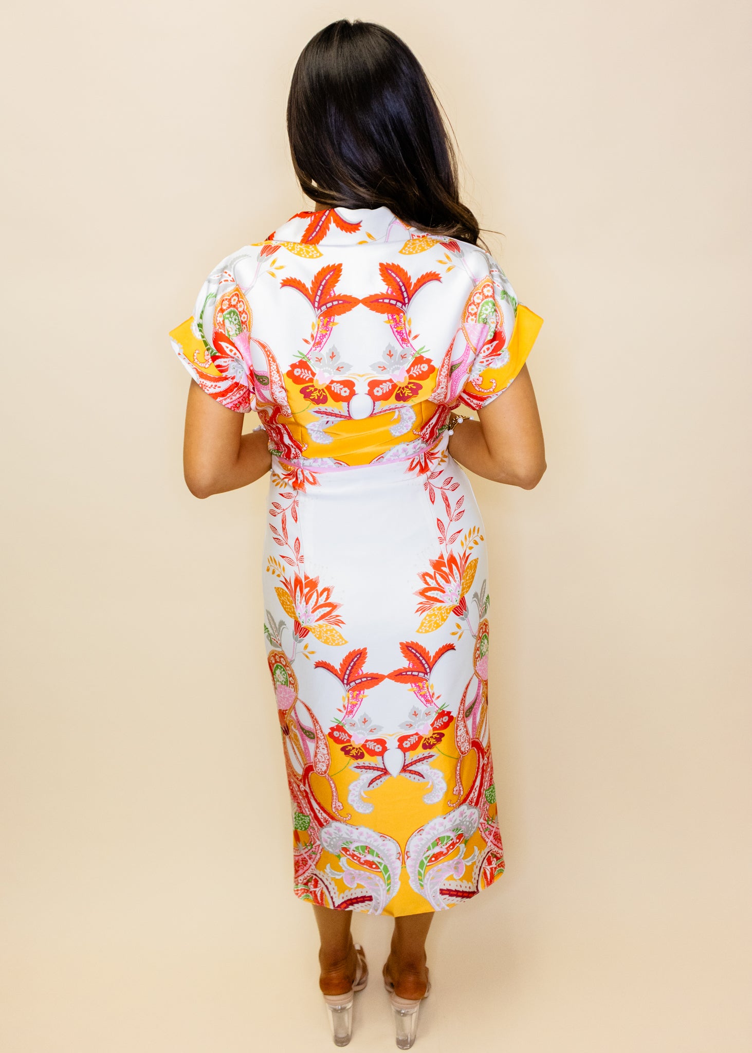 Cream Botanical Print Midi Dress