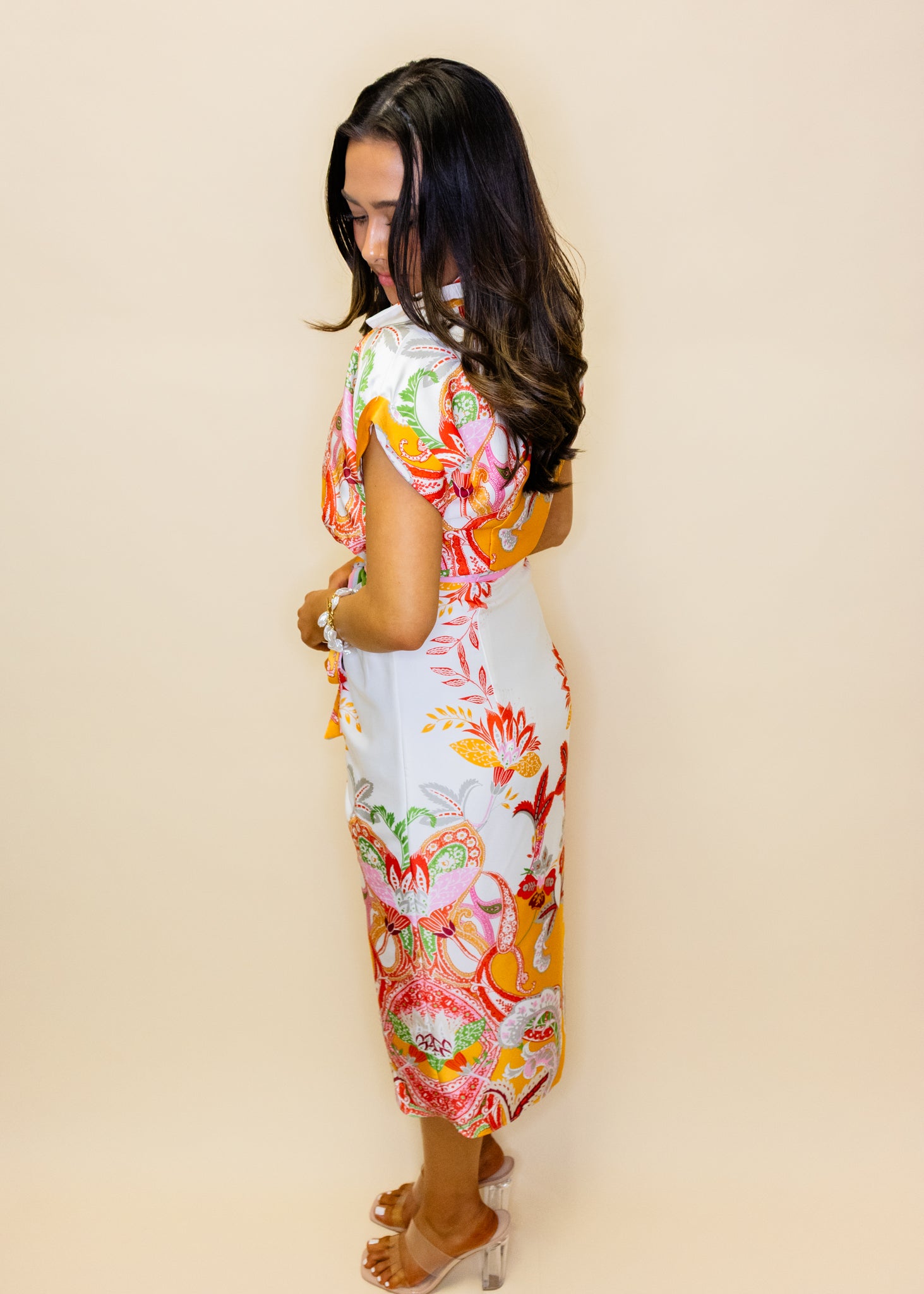 Cream Botanical Print Midi Dress