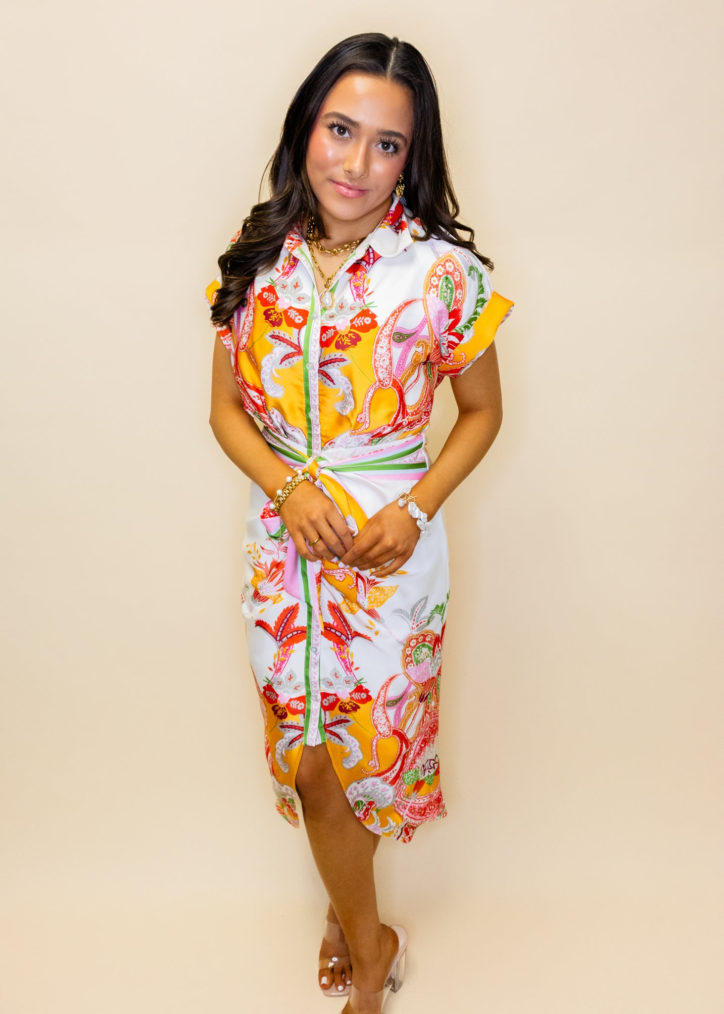 Cream Botanical Print Midi Dress