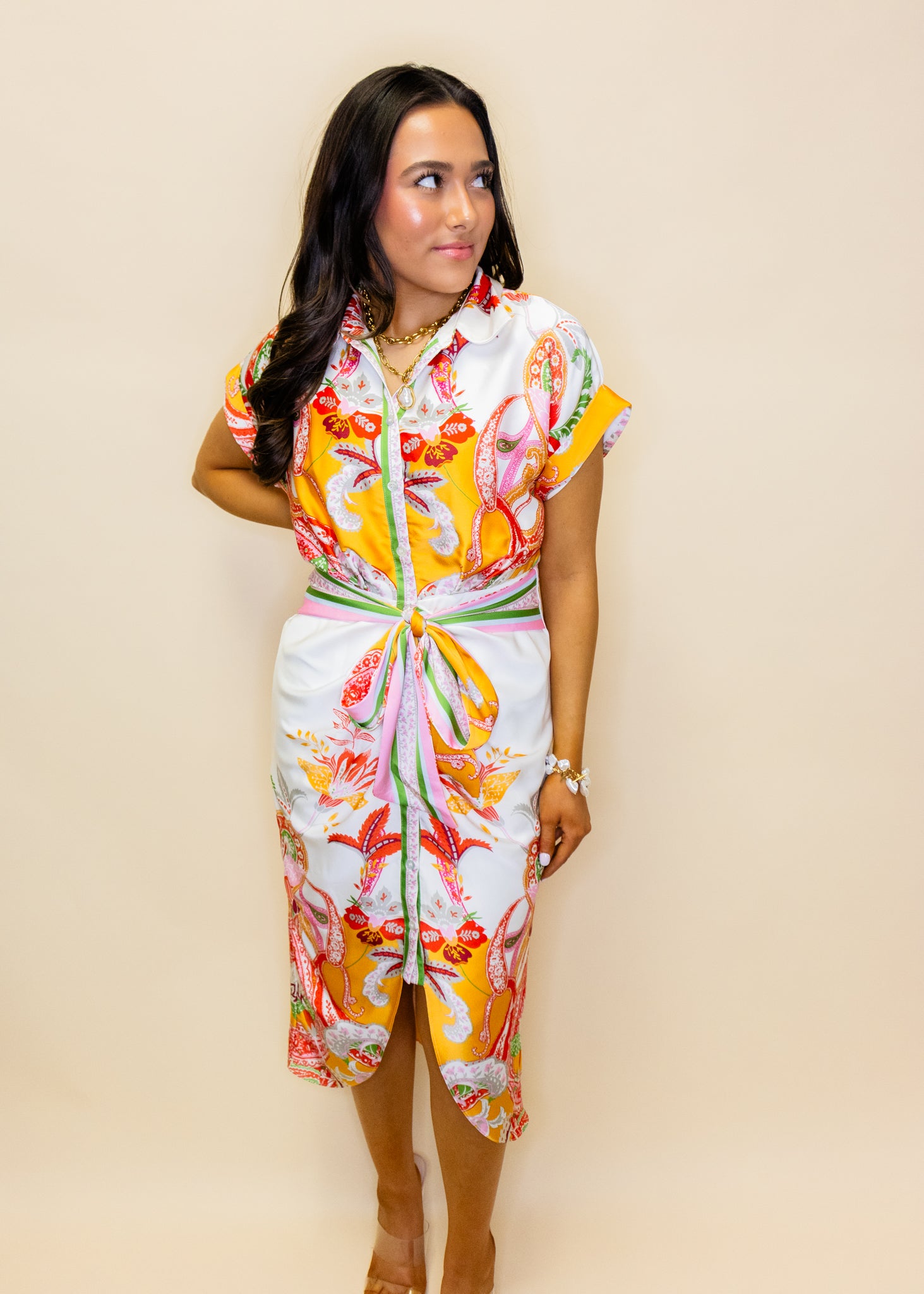 Cream Botanical Print Midi Dress