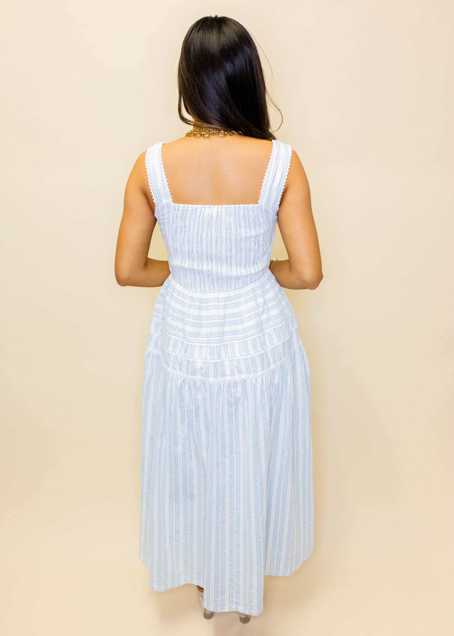 Blue Striped Lace-Up Midi Dress