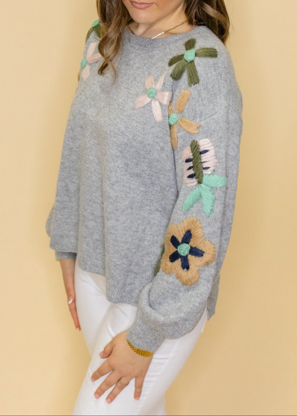 Grey Floral Embroidered Sweater