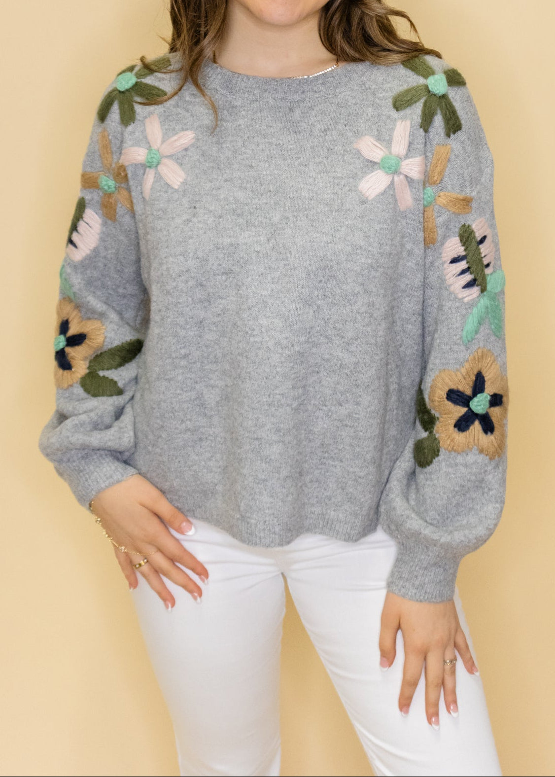 Grey Floral Embroidered Sweater