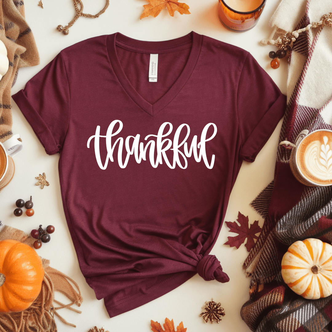 FestiviTees Women - Apparel - Shirts - T-Shirts V Neck Thankful Graphic Tee