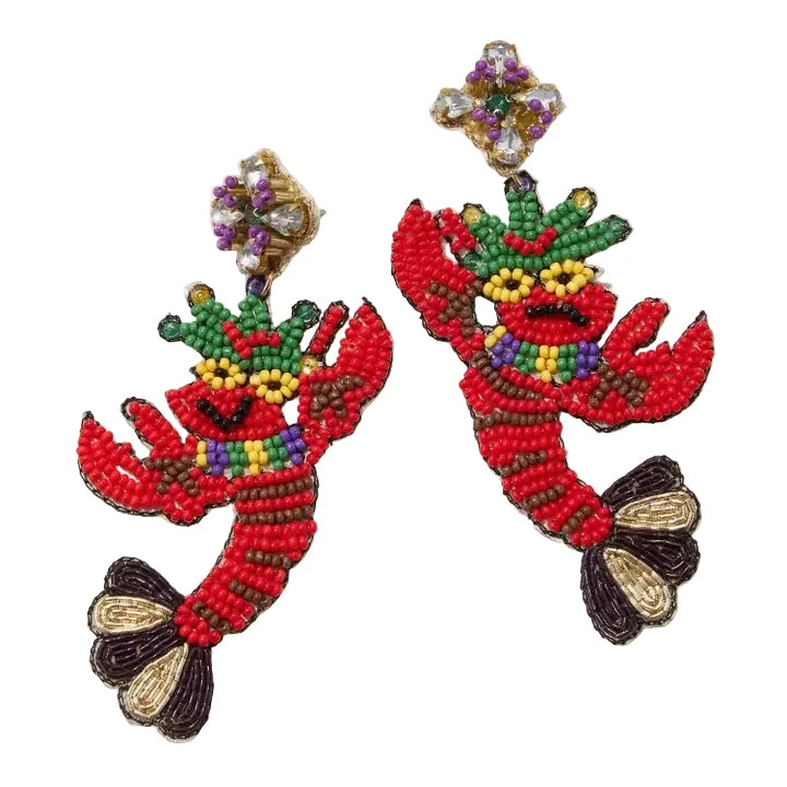 Mardi Gras Crawfish Beaded Earrings