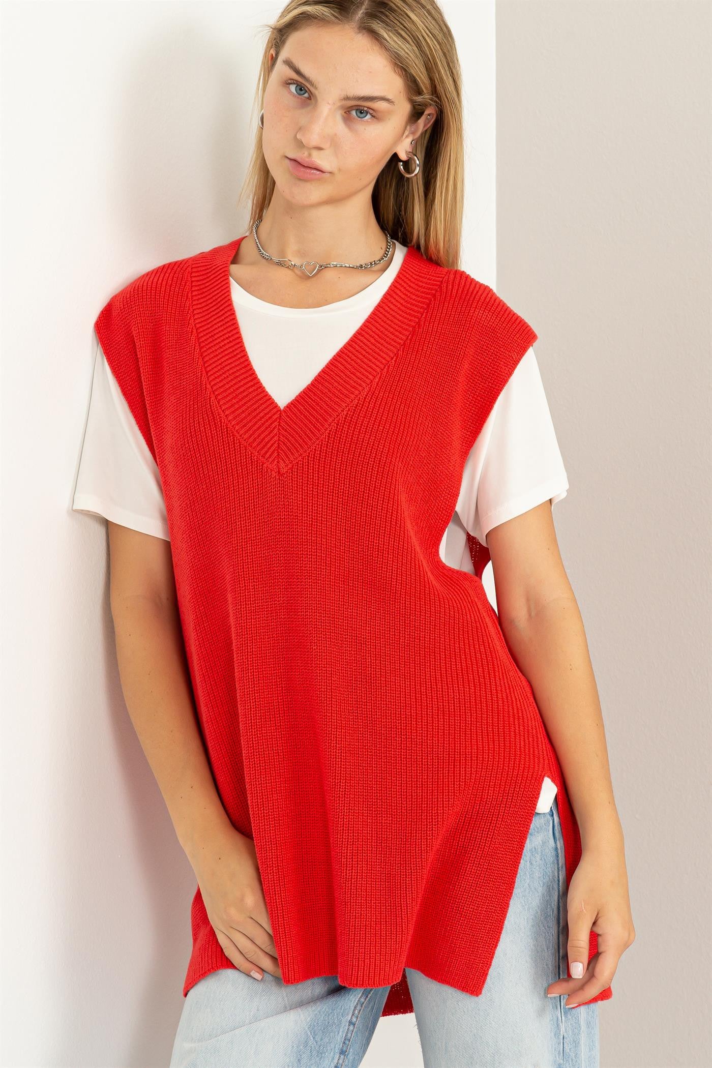 Red Long Sweater Vest
