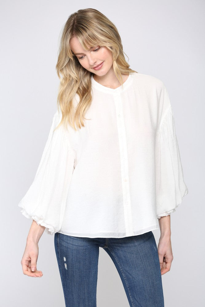 White Puff Sleeve Button Down Top