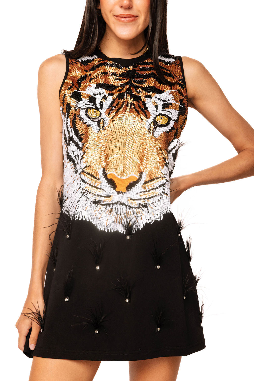 Black Sequin Tiger Face Rhinestone Feather Tank Dress