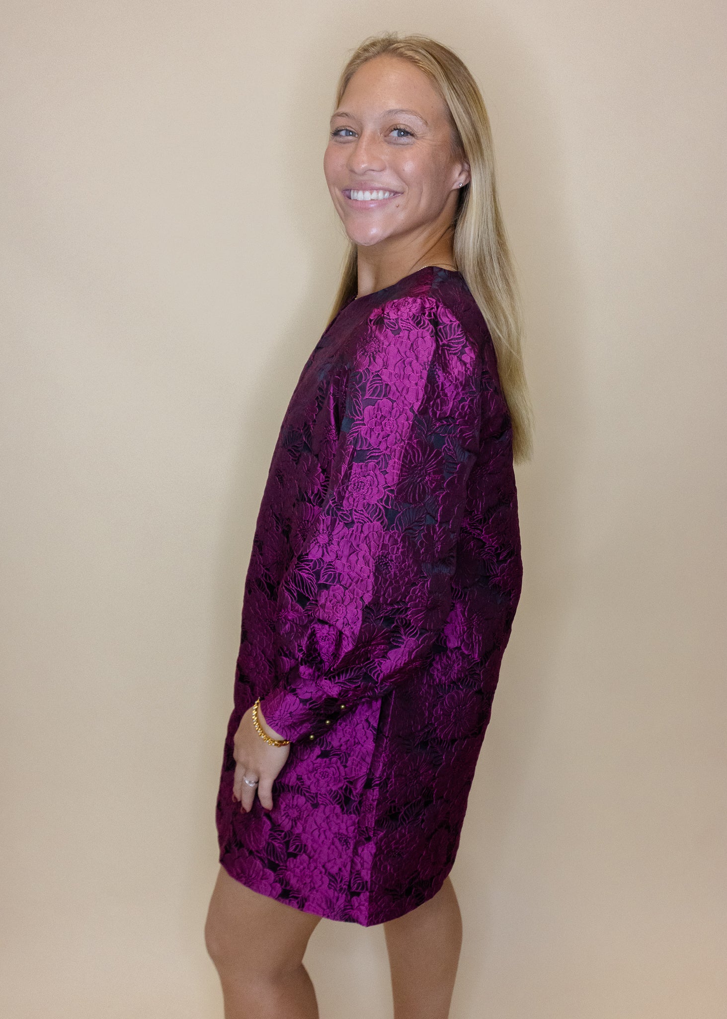 Magenta Jacquard Long Sleeve Dress