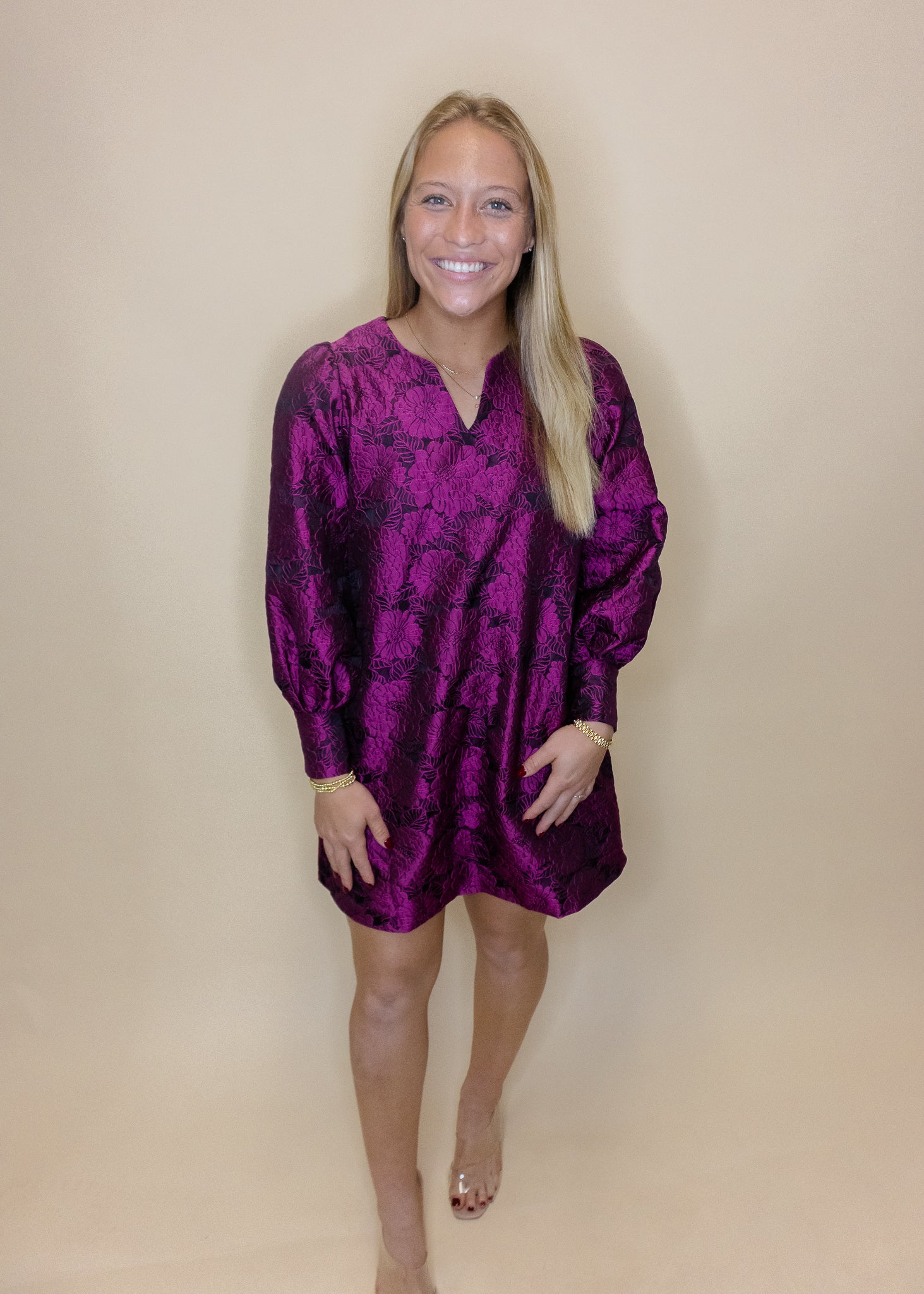 Magenta Jacquard Long Sleeve Dress