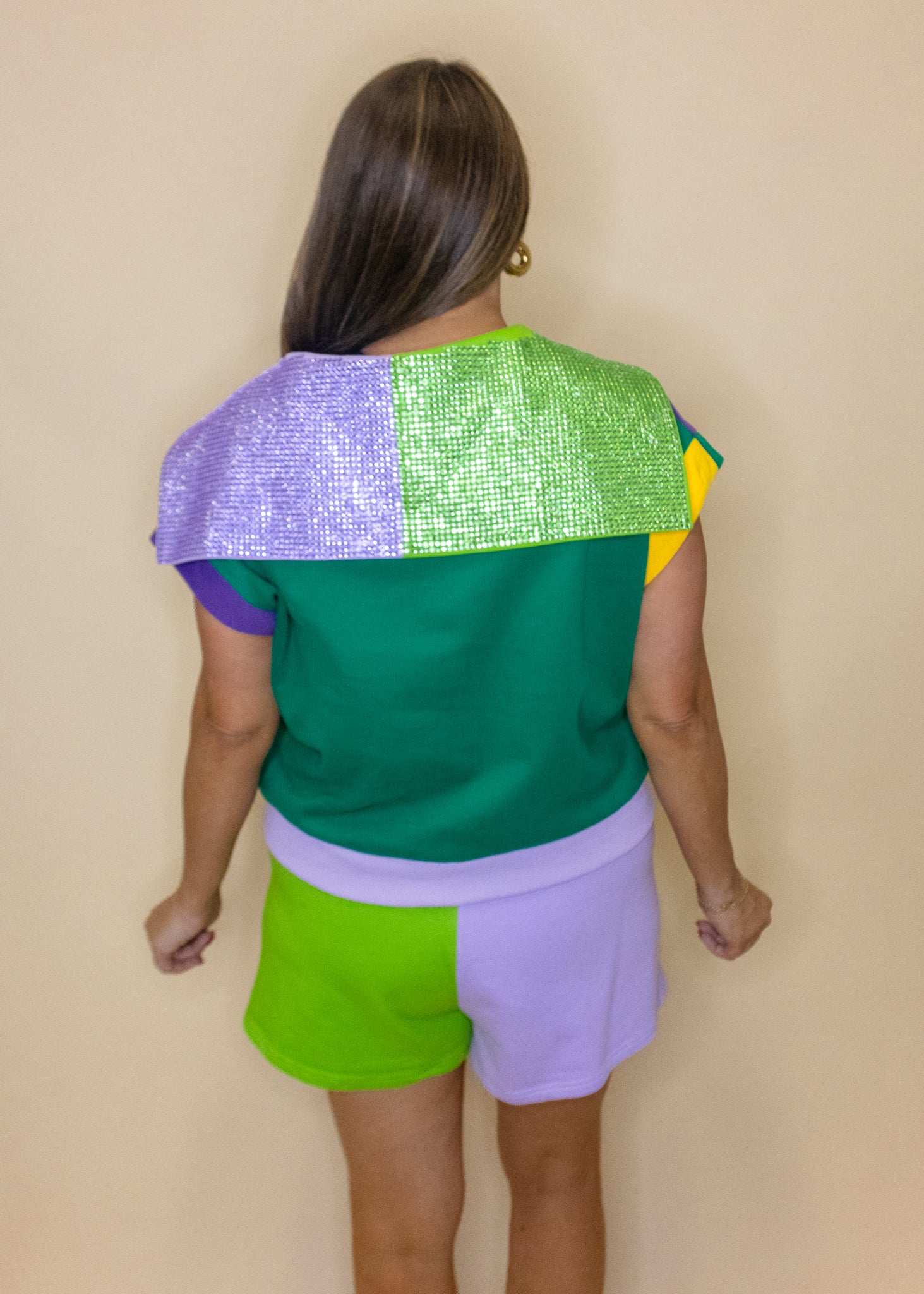 Mardi Gras Colorblock Rhinestone Collar Top