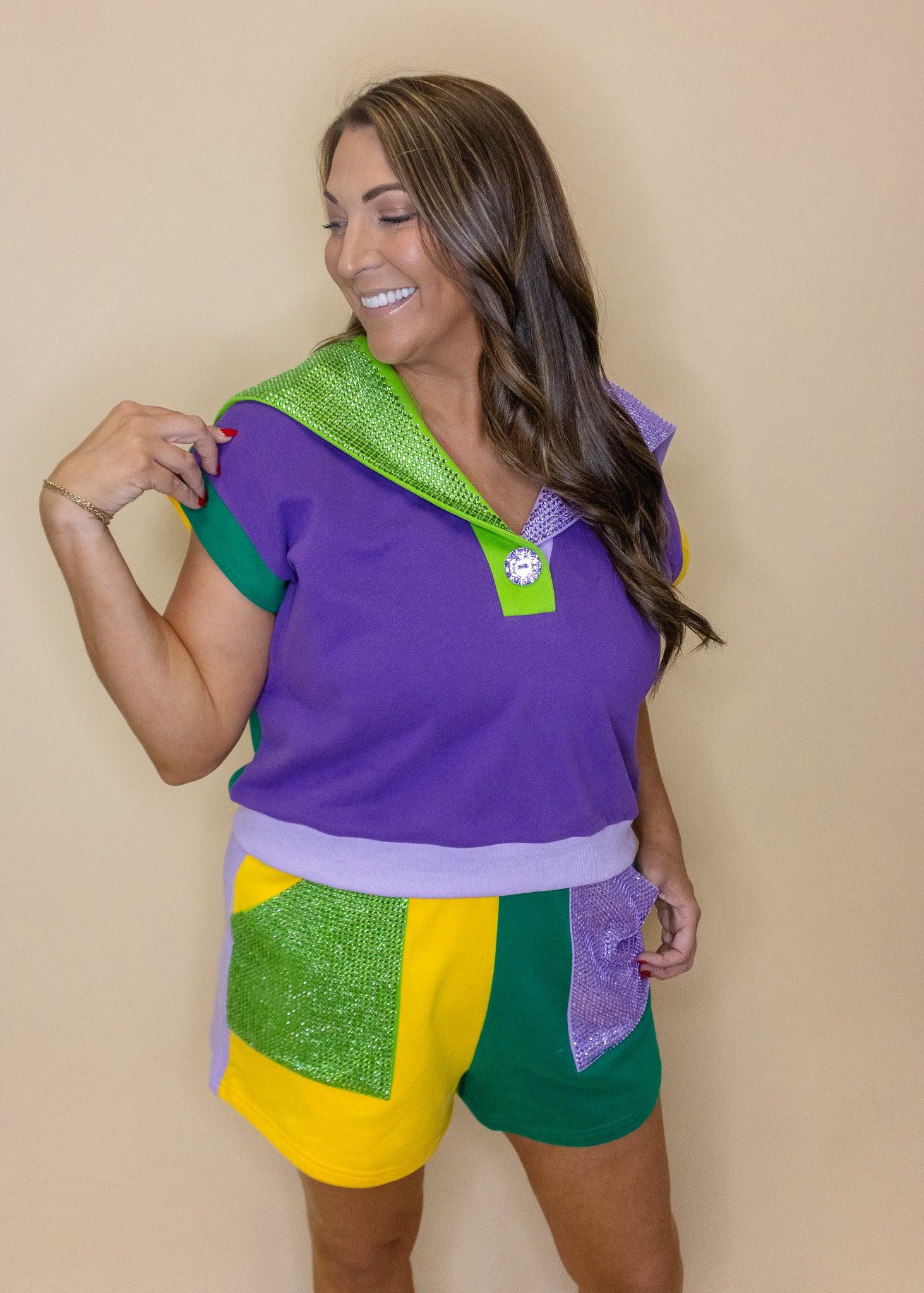 Mardi Gras Colorblock Rhinestone Pocket Shorts